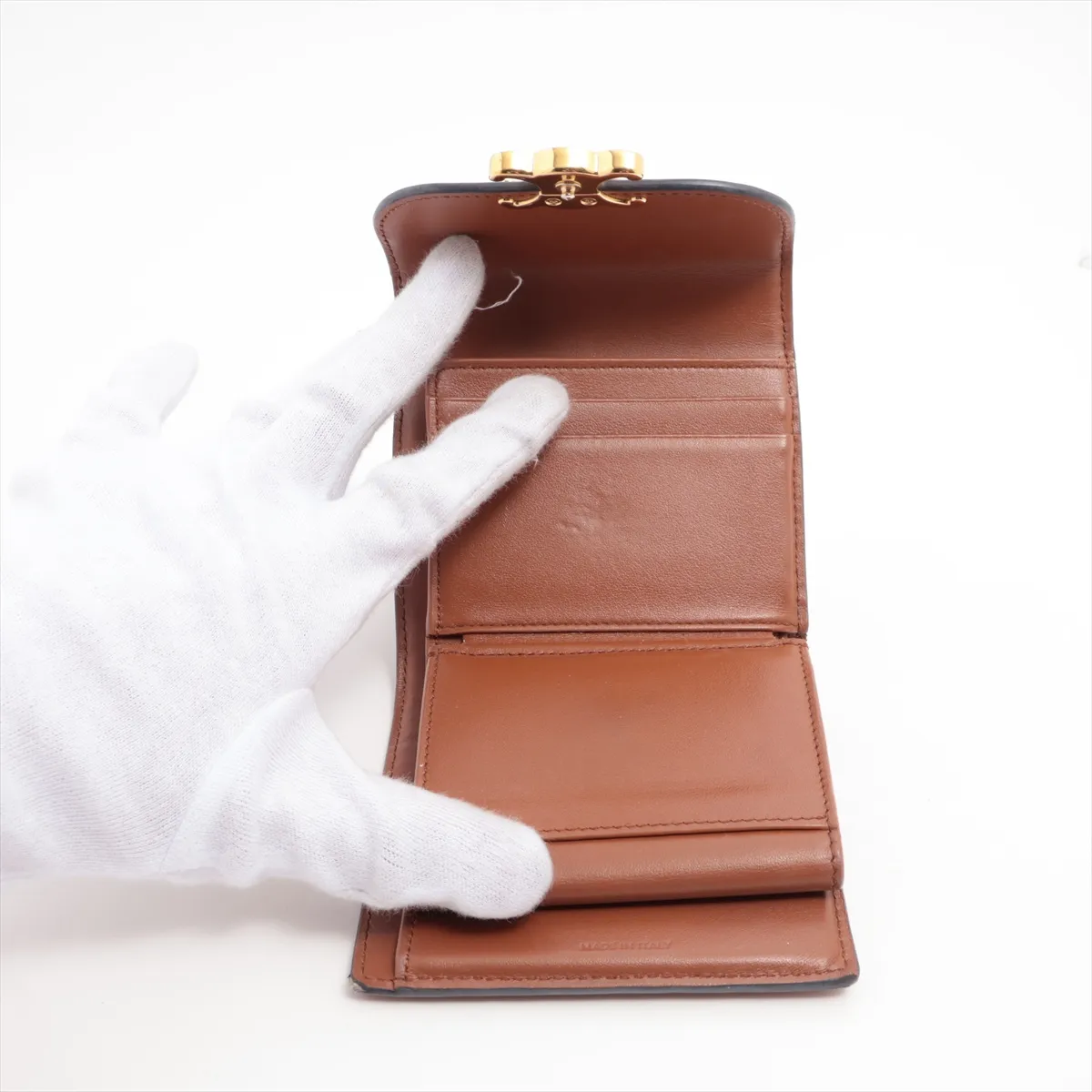 Triomphe Small Flap Wallet Leather Compact Wallet Beige x Brown — view 6