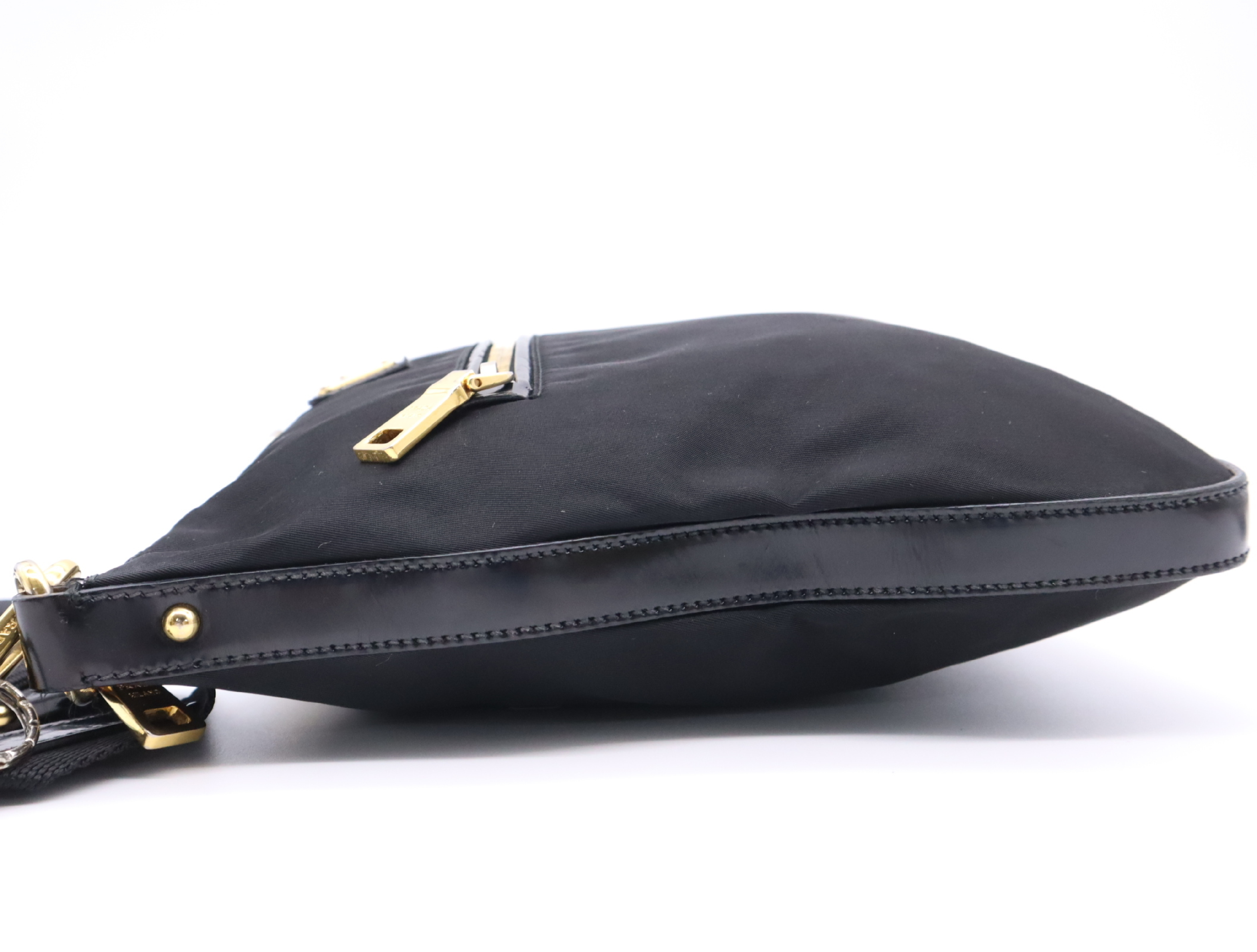 BT0711 Nylon Triangle Logo Shoulder Bag with Dust Bag, Black, Gold Hardware — view 3