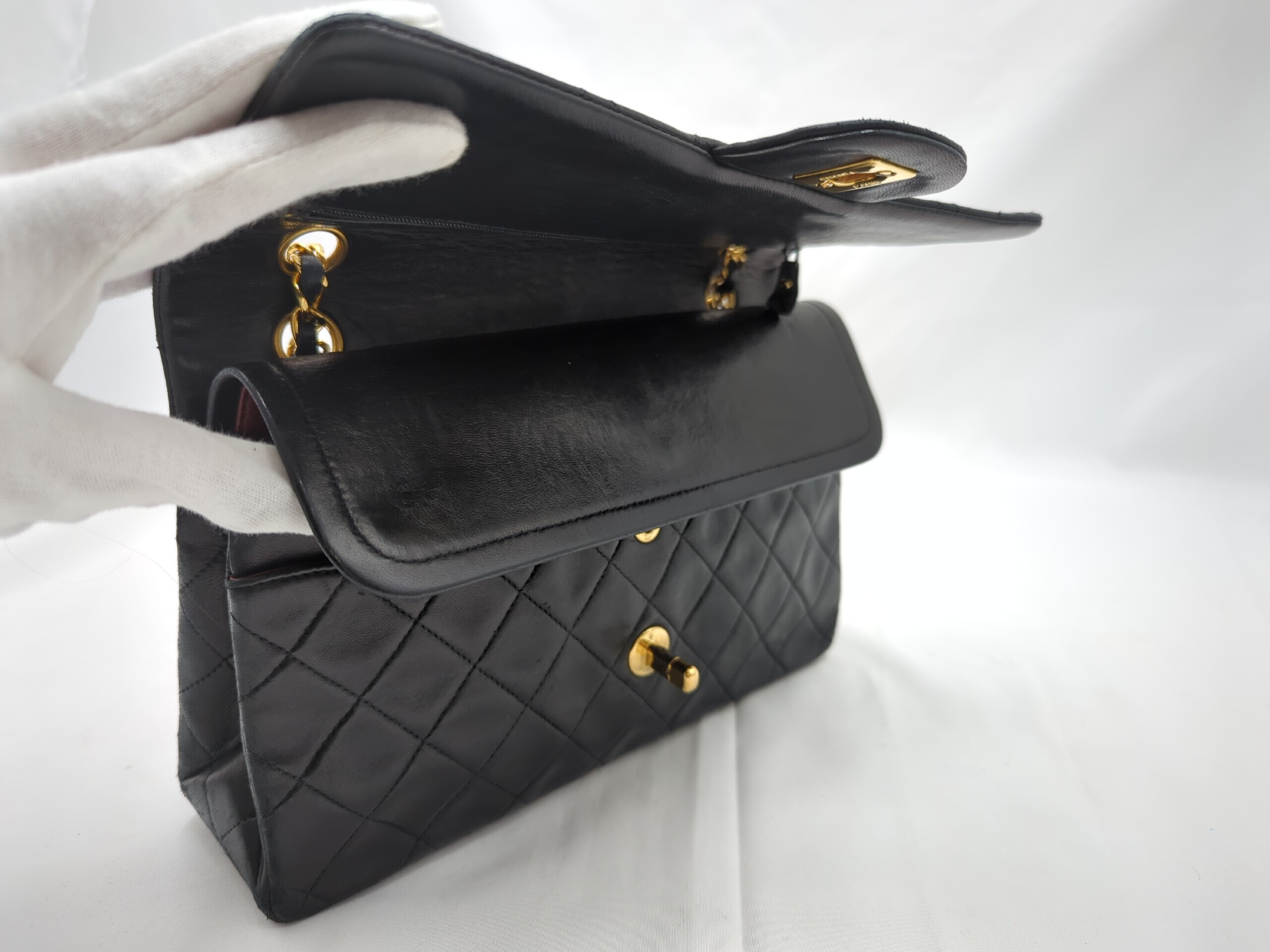 Lambskin Double Flap 25 Black Gold Hardware Shoulder Bag — view 10