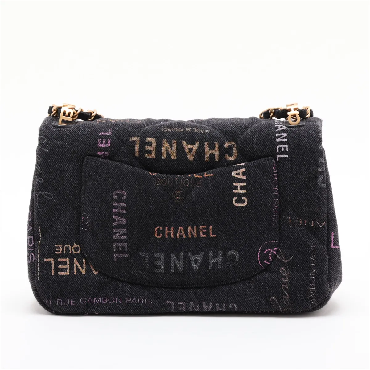 Matelassé Denim Chain Shoulder Bag, Black x Pink, Gold Hardware, H5886936, Random Plate, AS3135 — view 2