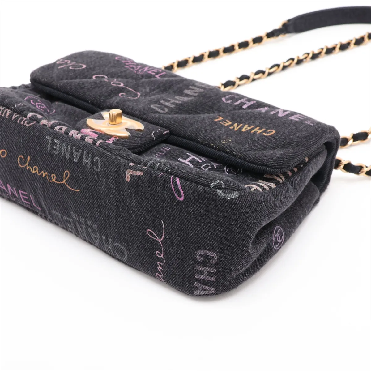 Matelassé Denim Chain Shoulder Bag, Black x Pink, Gold Hardware, H5886936, Random Plate, AS3135 — view 3
