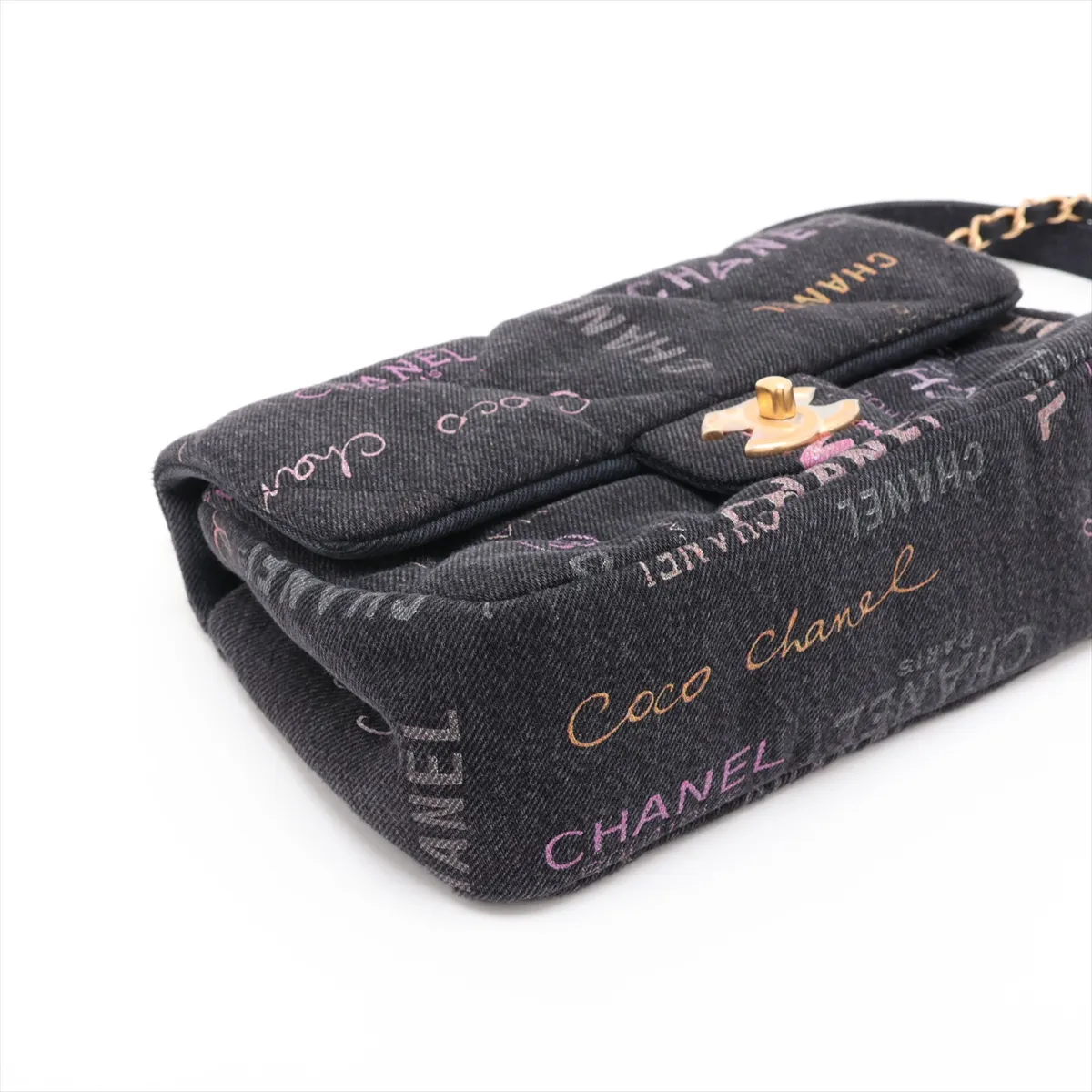 Matelassé Denim Chain Shoulder Bag, Black x Pink, Gold Hardware, H5886936, Random Plate, AS3135 — view 4