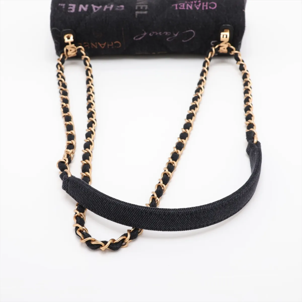 Matelassé Denim Chain Shoulder Bag, Black x Pink, Gold Hardware, H5886936, Random Plate, AS3135 — view 5