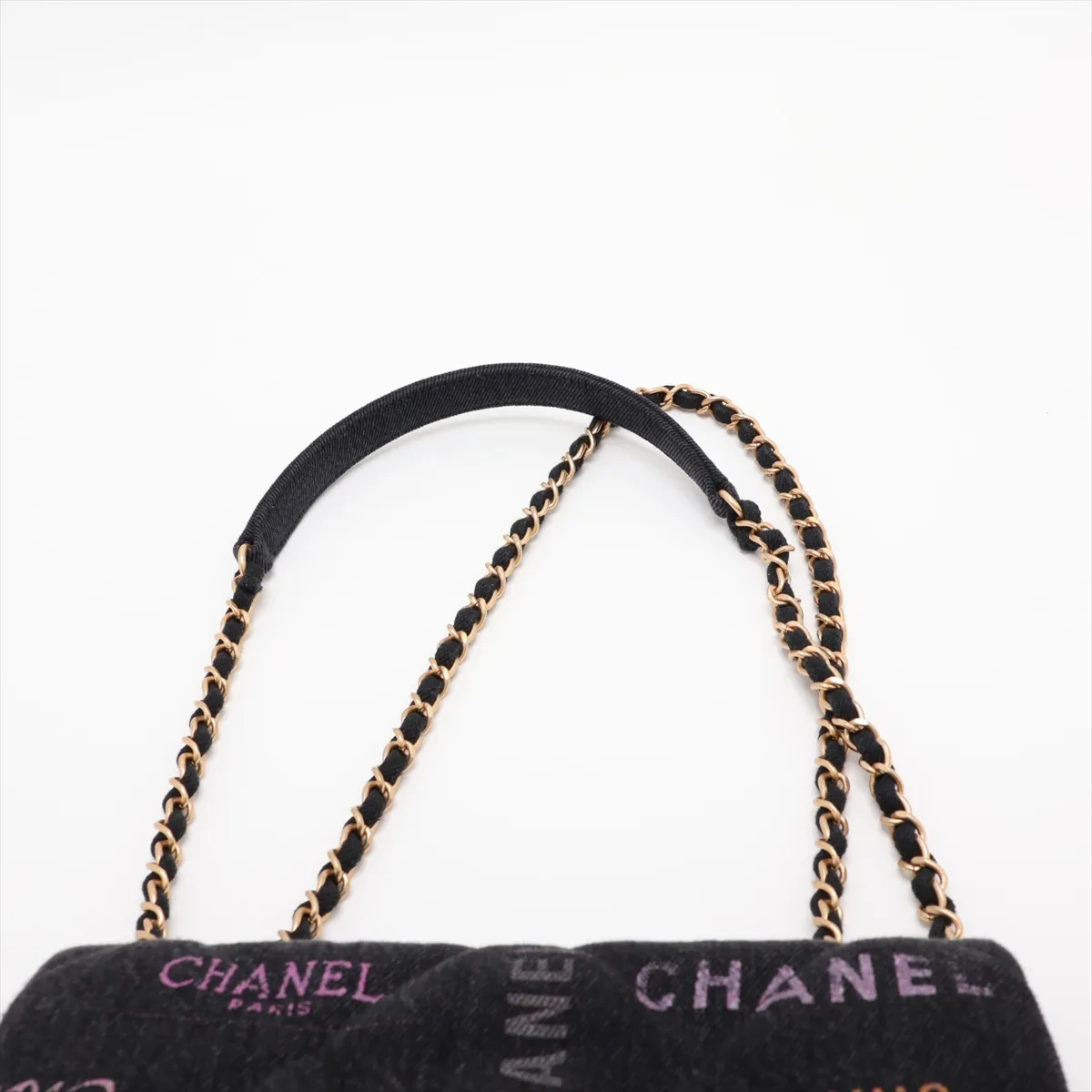 Matelassé Denim Chain Shoulder Bag, Black x Pink, Gold Hardware, H5886936, Random Plate, AS3135 — view 6