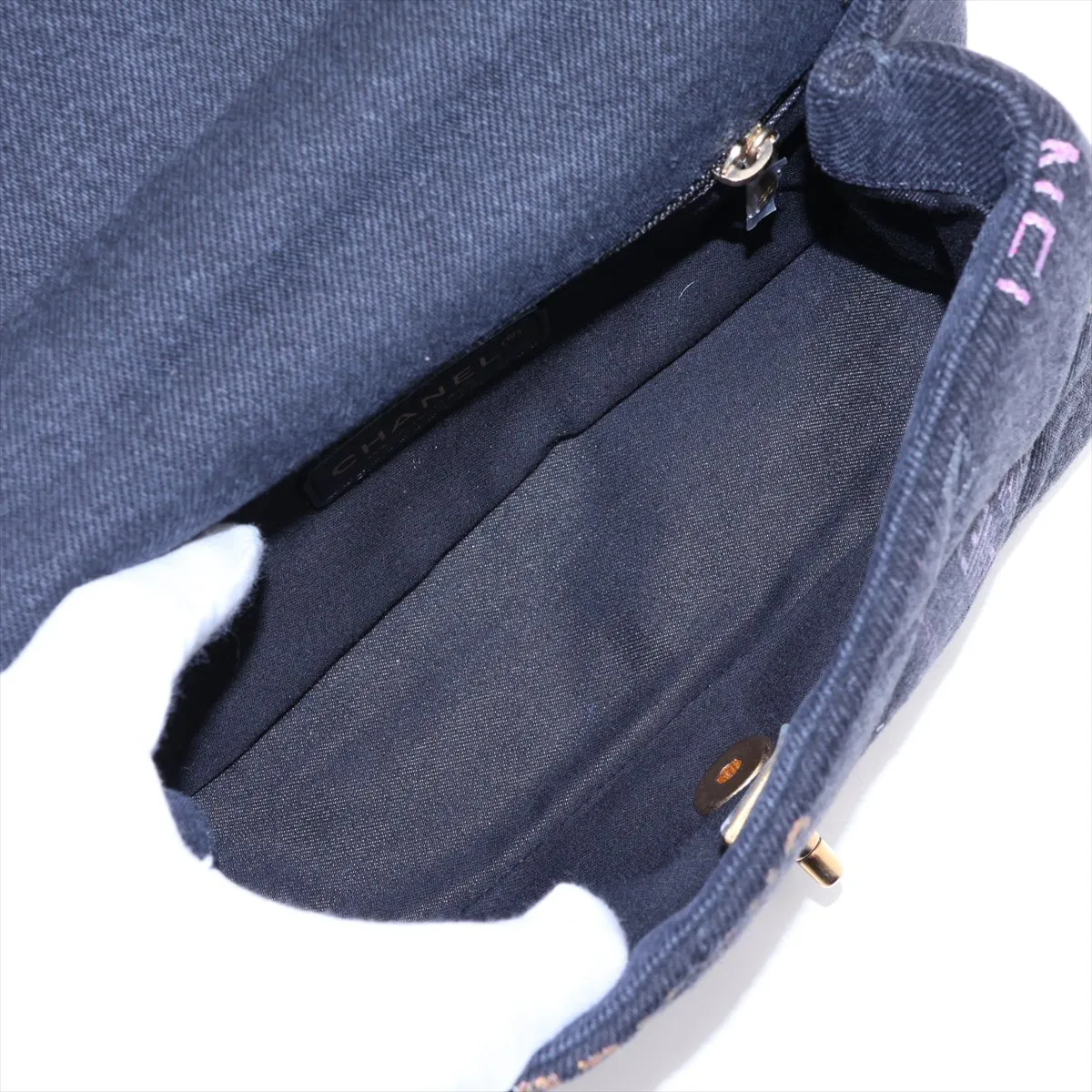 Matelassé Denim Chain Shoulder Bag, Black x Pink, Gold Hardware, H5886936, Random Plate, AS3135 — view 7