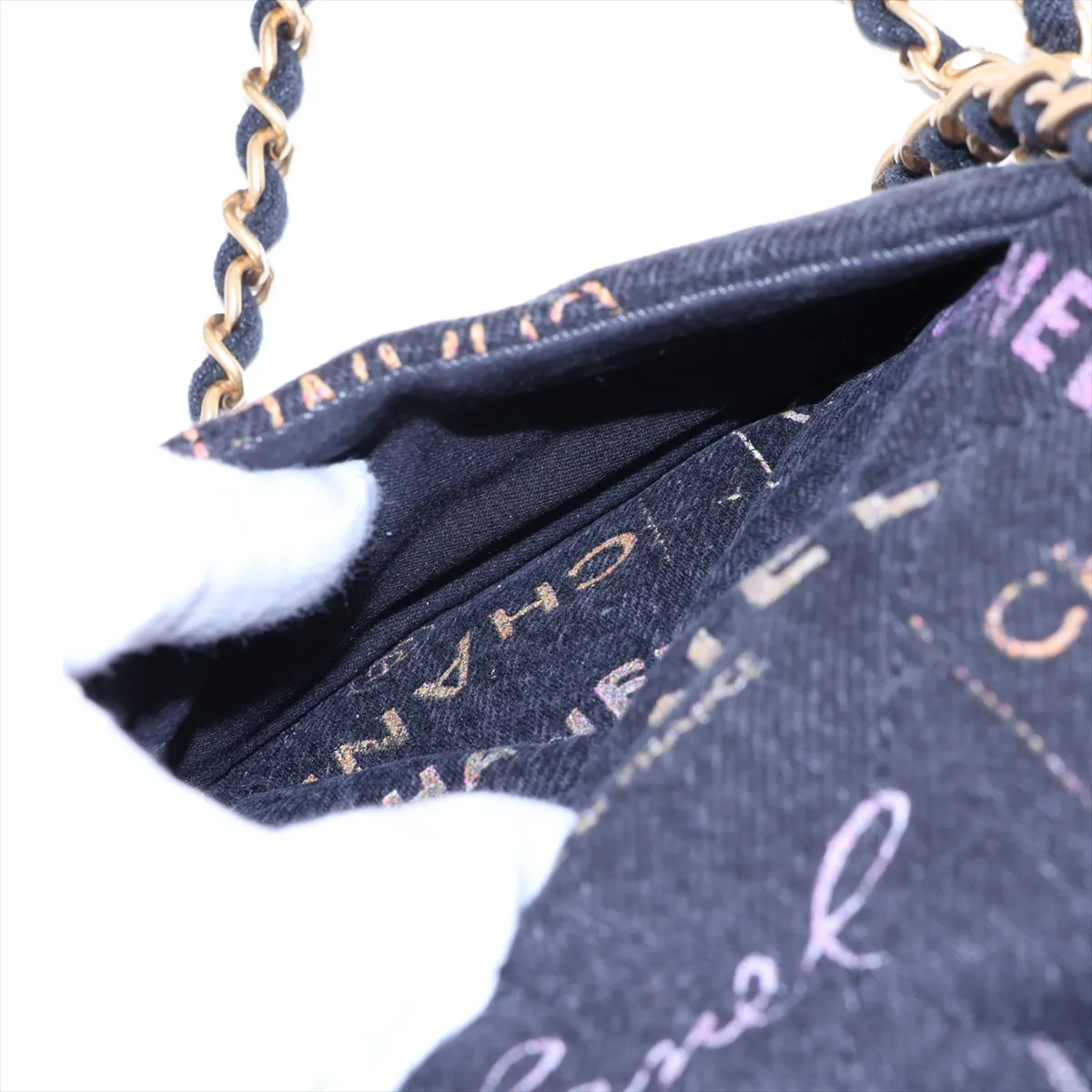 Matelassé Denim Chain Shoulder Bag, Black x Pink, Gold Hardware, H5886936, Random Plate, AS3135 — view 9