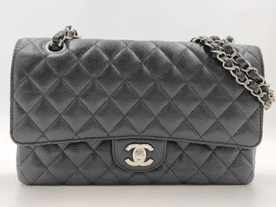 Caviar Skin Black Double Flap Shoulder Bag with Silver Hardware