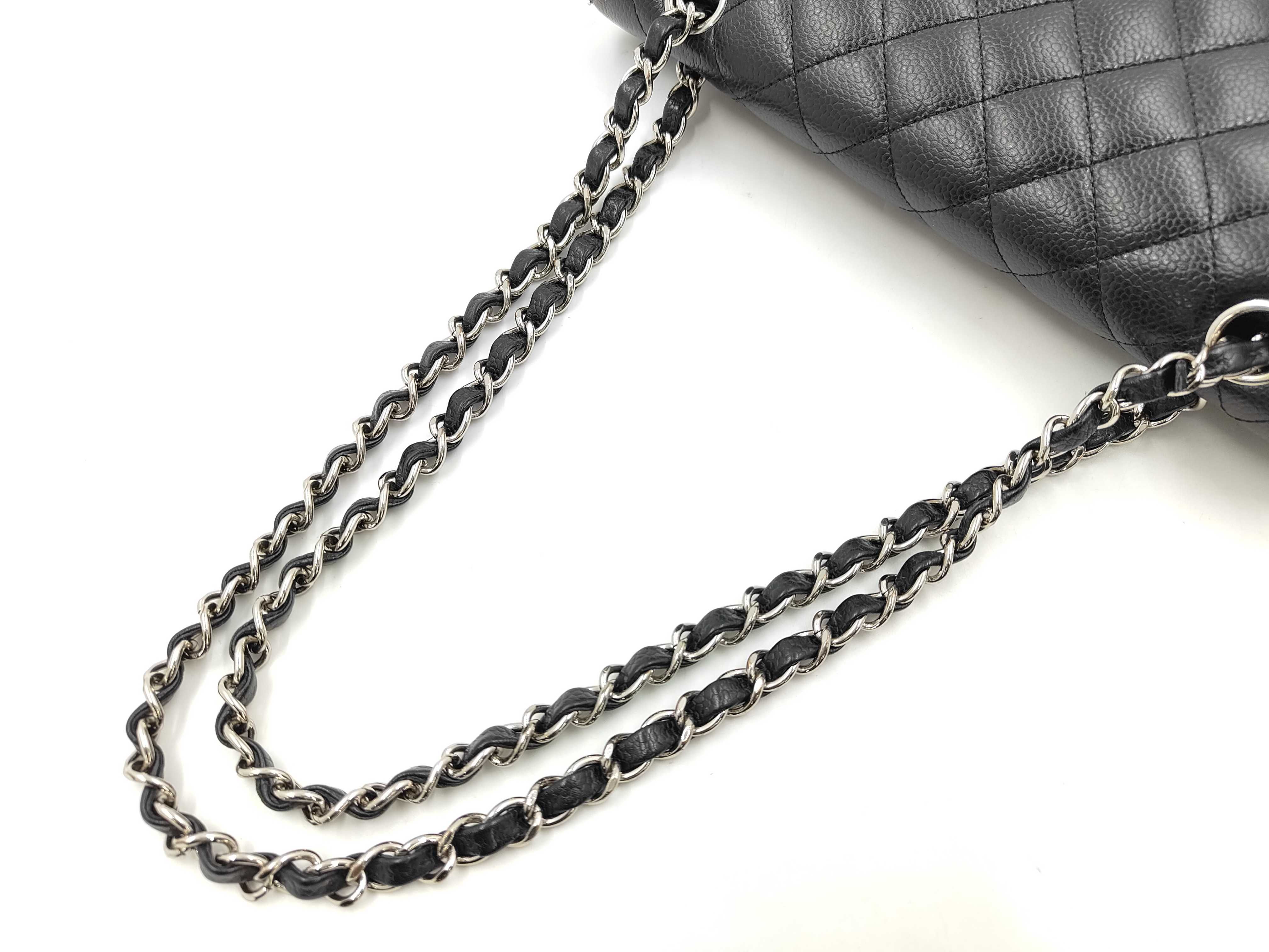 Caviar Skin Black Double Flap Shoulder Bag with Silver Hardware — view 3
