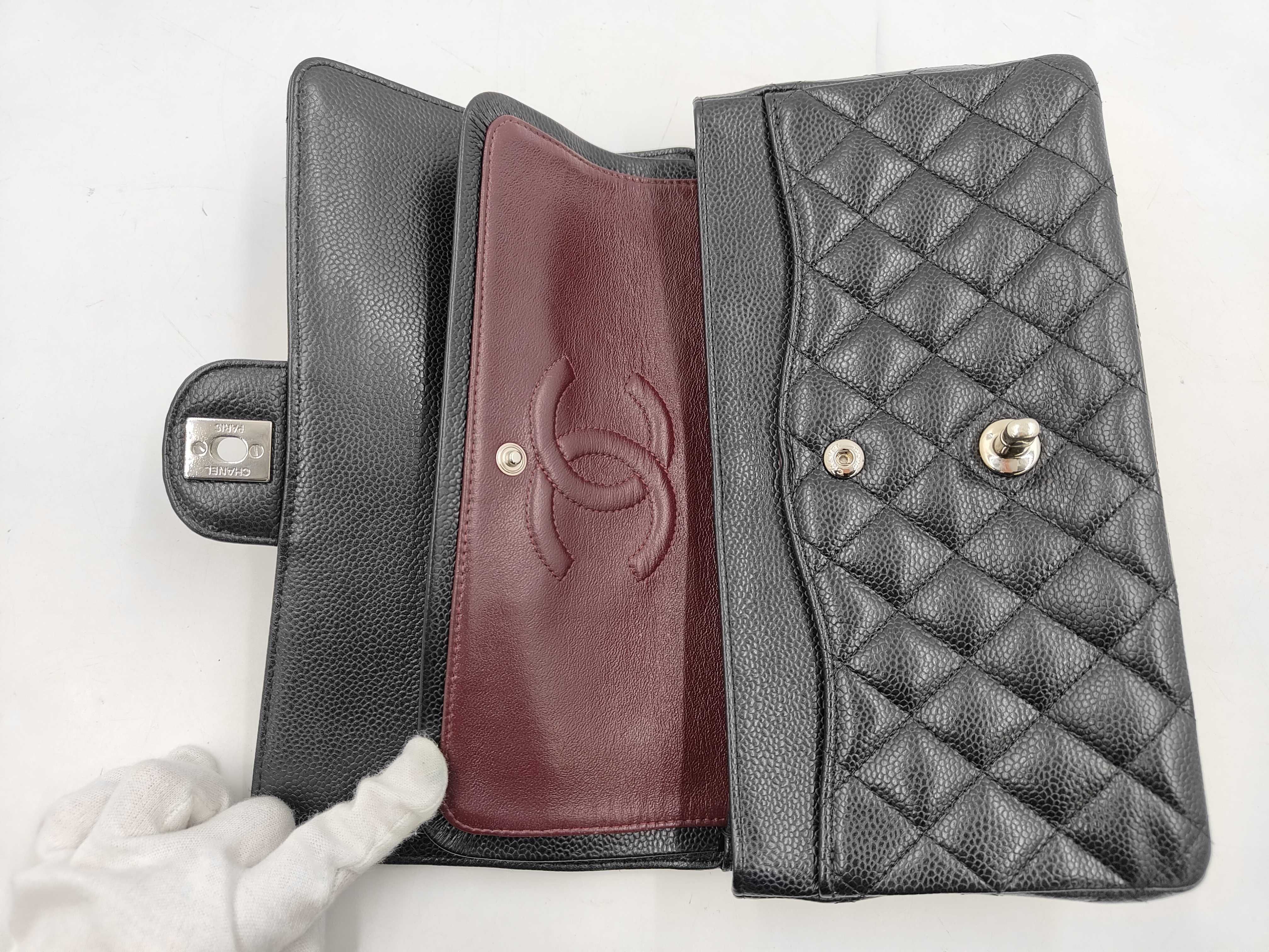 Caviar Skin Black Double Flap Shoulder Bag with Silver Hardware — view 7