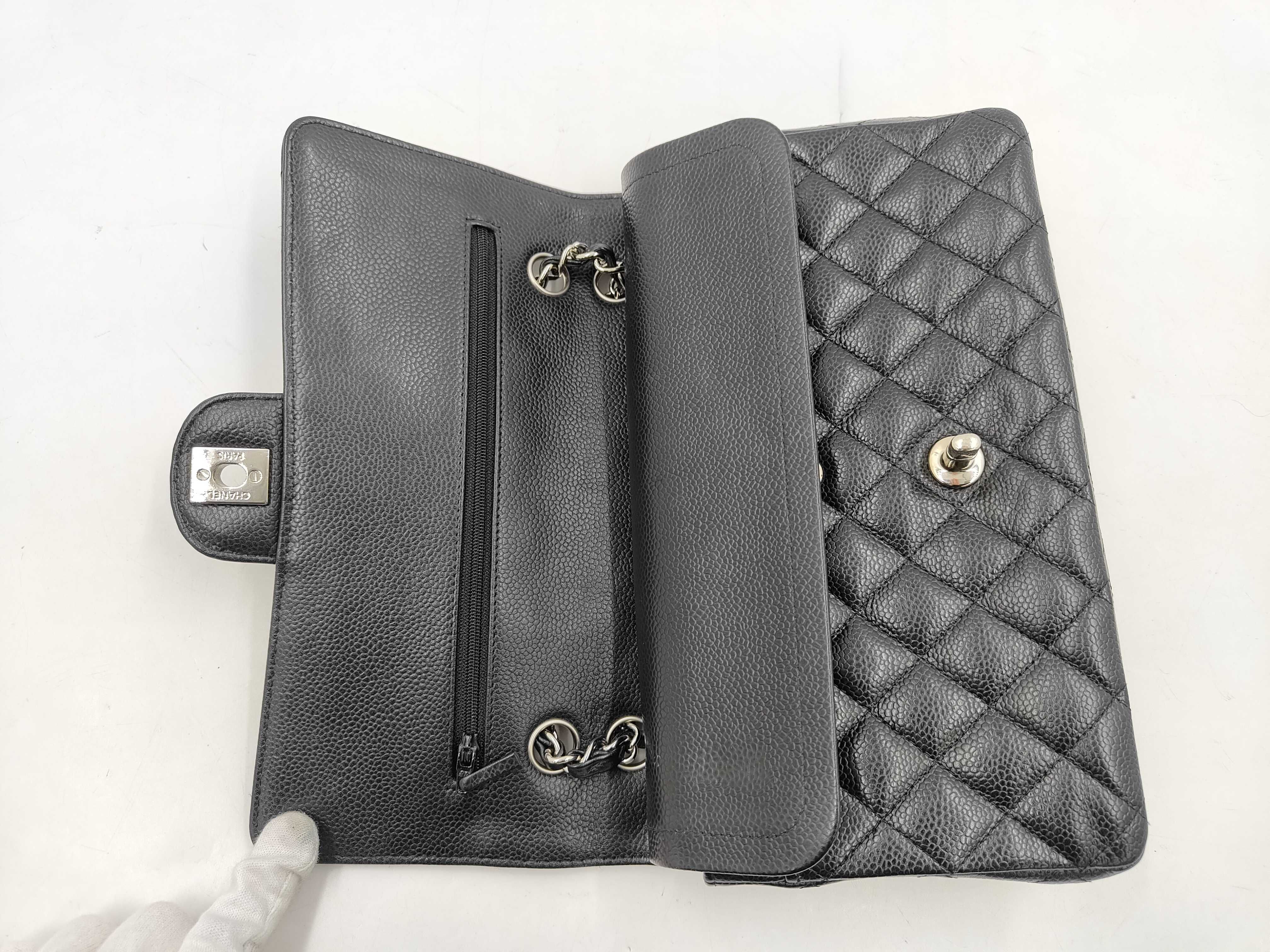 Caviar Skin Black Double Flap Shoulder Bag with Silver Hardware — view 8