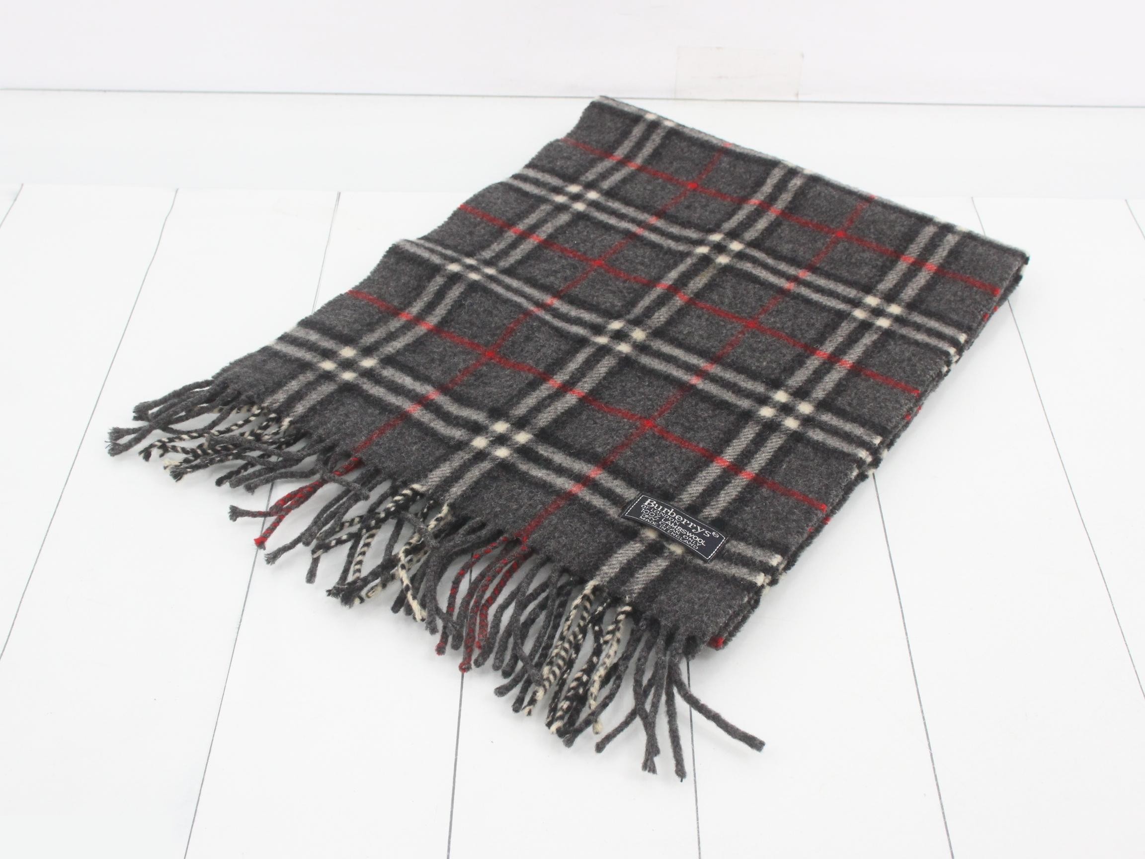 Tag attached, 100% lamb's wool, checked scarf.