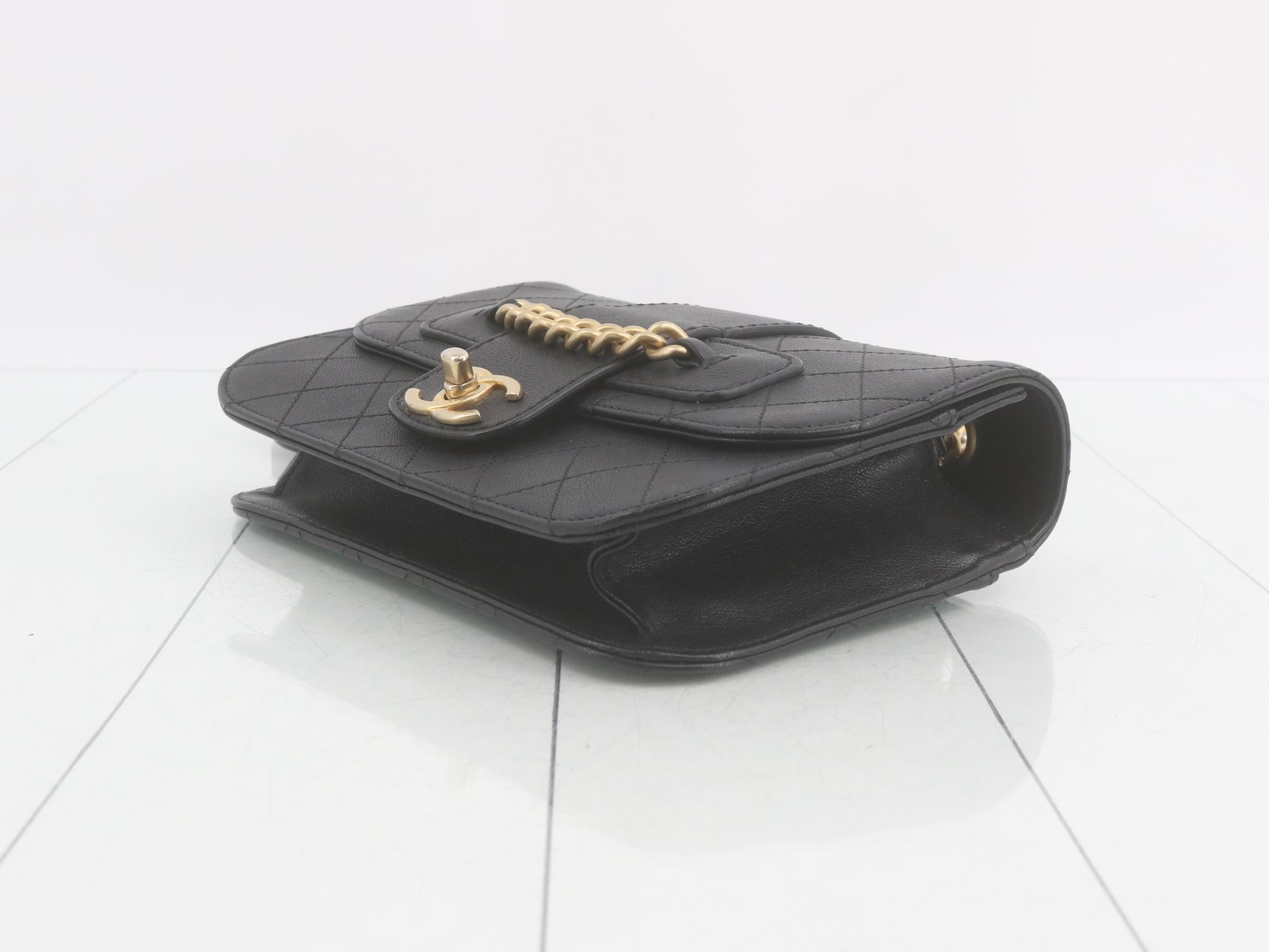 Matelassé Leather Chain Shoulder Bag, Black — view 6