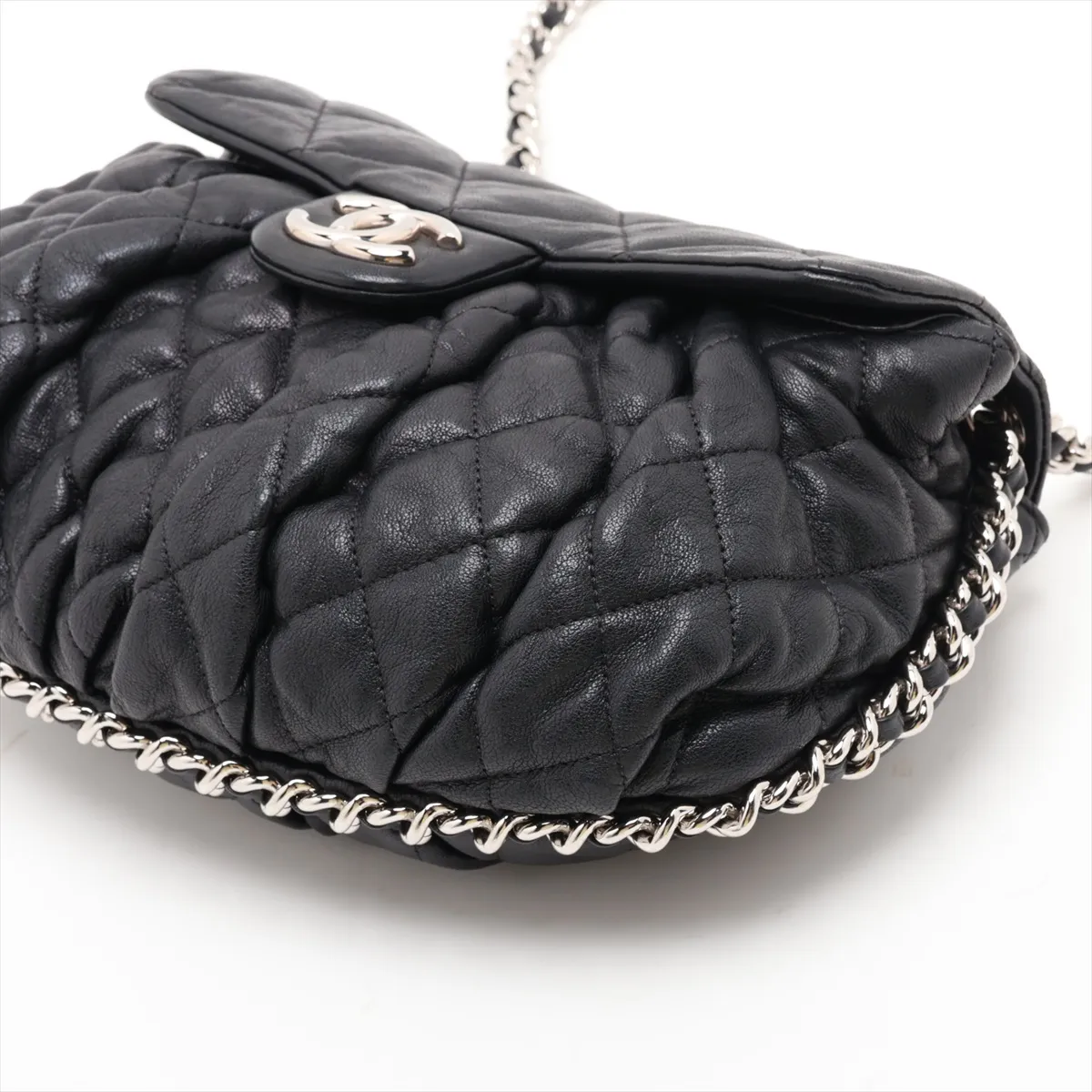 Matelassé Leather Chain Shoulder Bag, Chain Around, Black, Silver Hardware, 16590114, Serial Number 16 — view 3