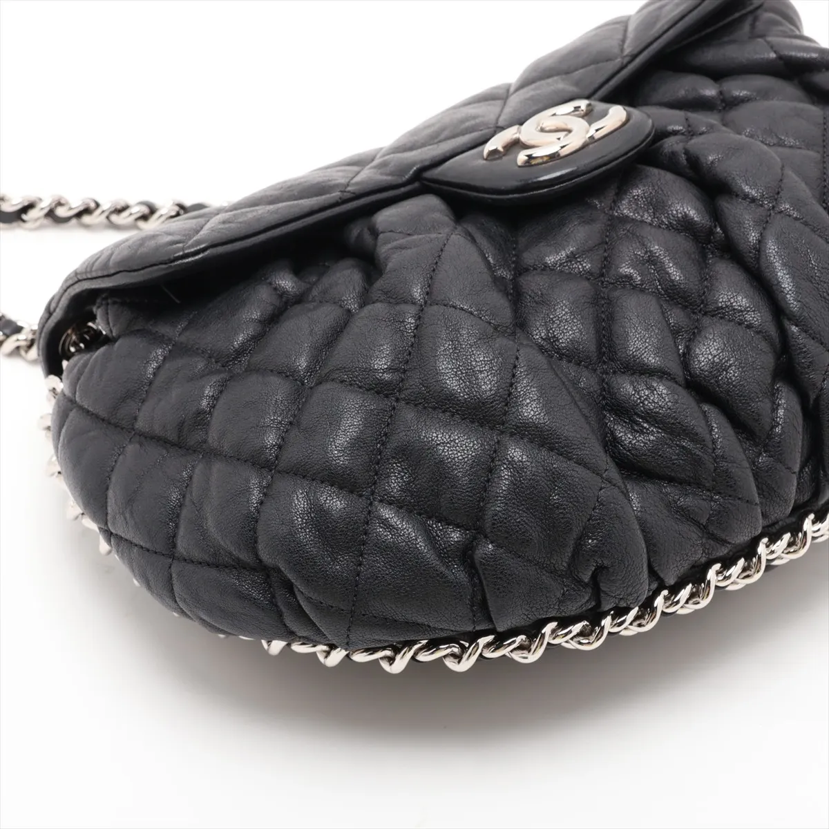 Matelassé Leather Chain Shoulder Bag, Chain Around, Black, Silver Hardware, 16590114, Serial Number 16 — view 4