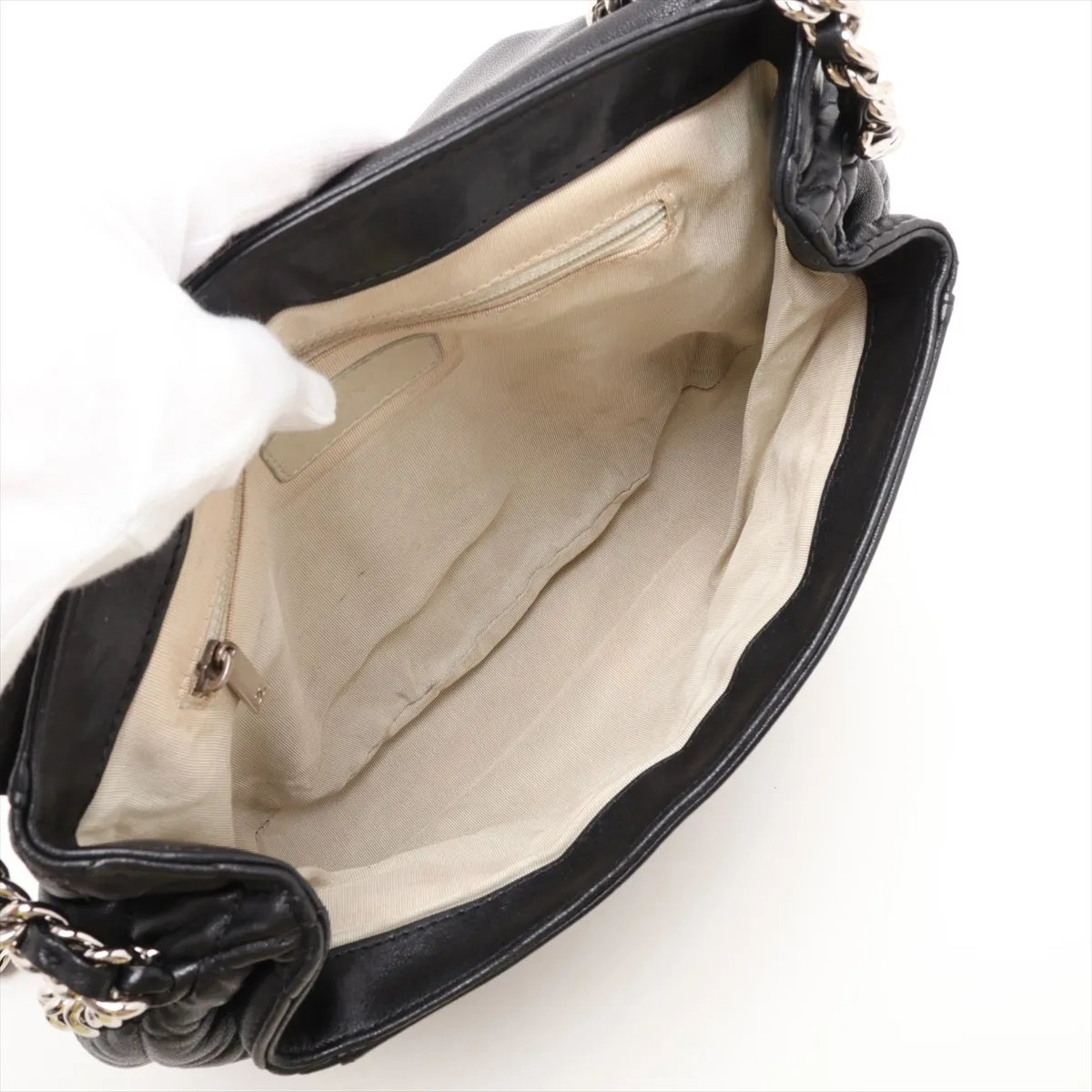 Matelassé Leather Chain Shoulder Bag, Chain Around, Black, Silver Hardware, 16590114, Serial Number 16 — view 6