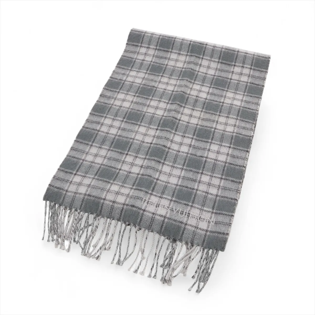 M73448 Echarpe Damier Tartan JH0139 Scarf, Cashmere, Gray. Some wear,