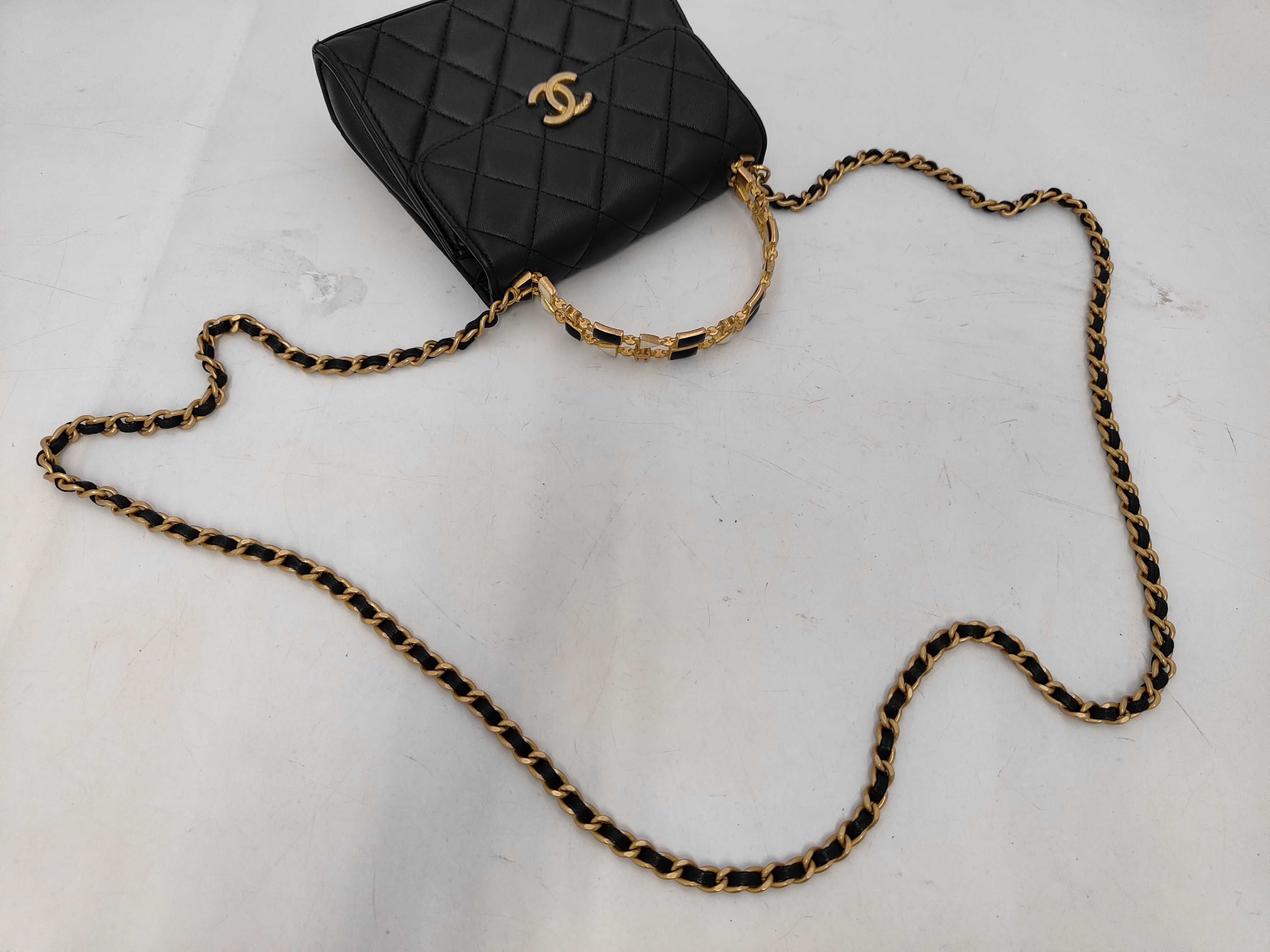 Matelassé Top Handle Mini Flap Bag, Black Lambskin, Chain Shoulder Strap, Gold Hardware. — view 3