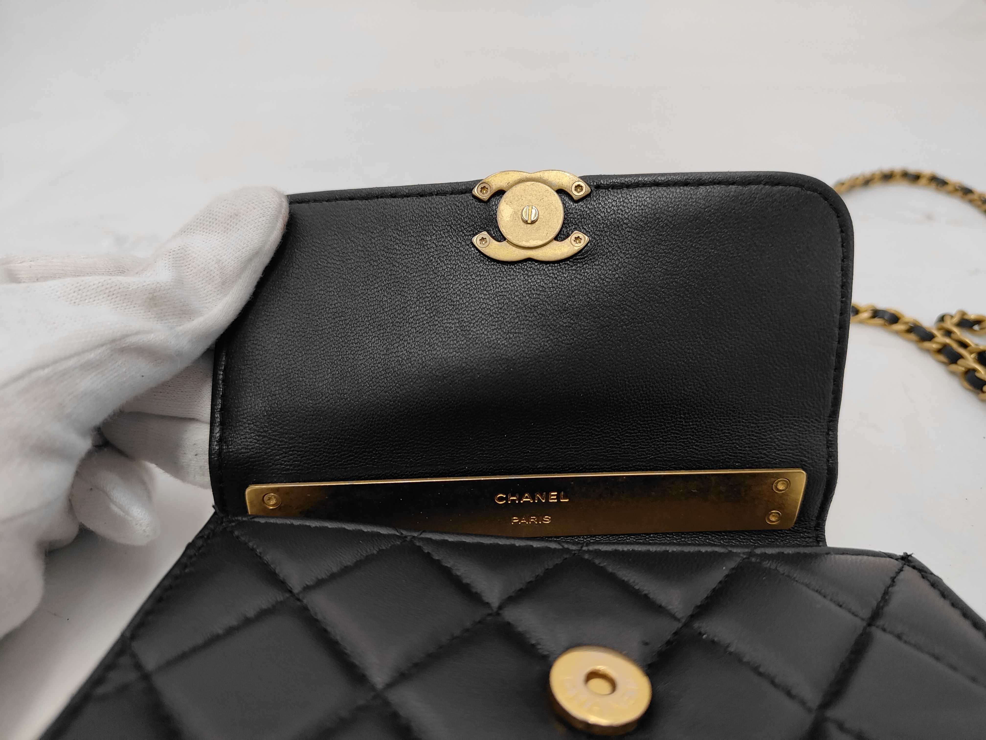 Matelassé Top Handle Mini Flap Bag, Black Lambskin, Chain Shoulder Strap, Gold Hardware. — view 8