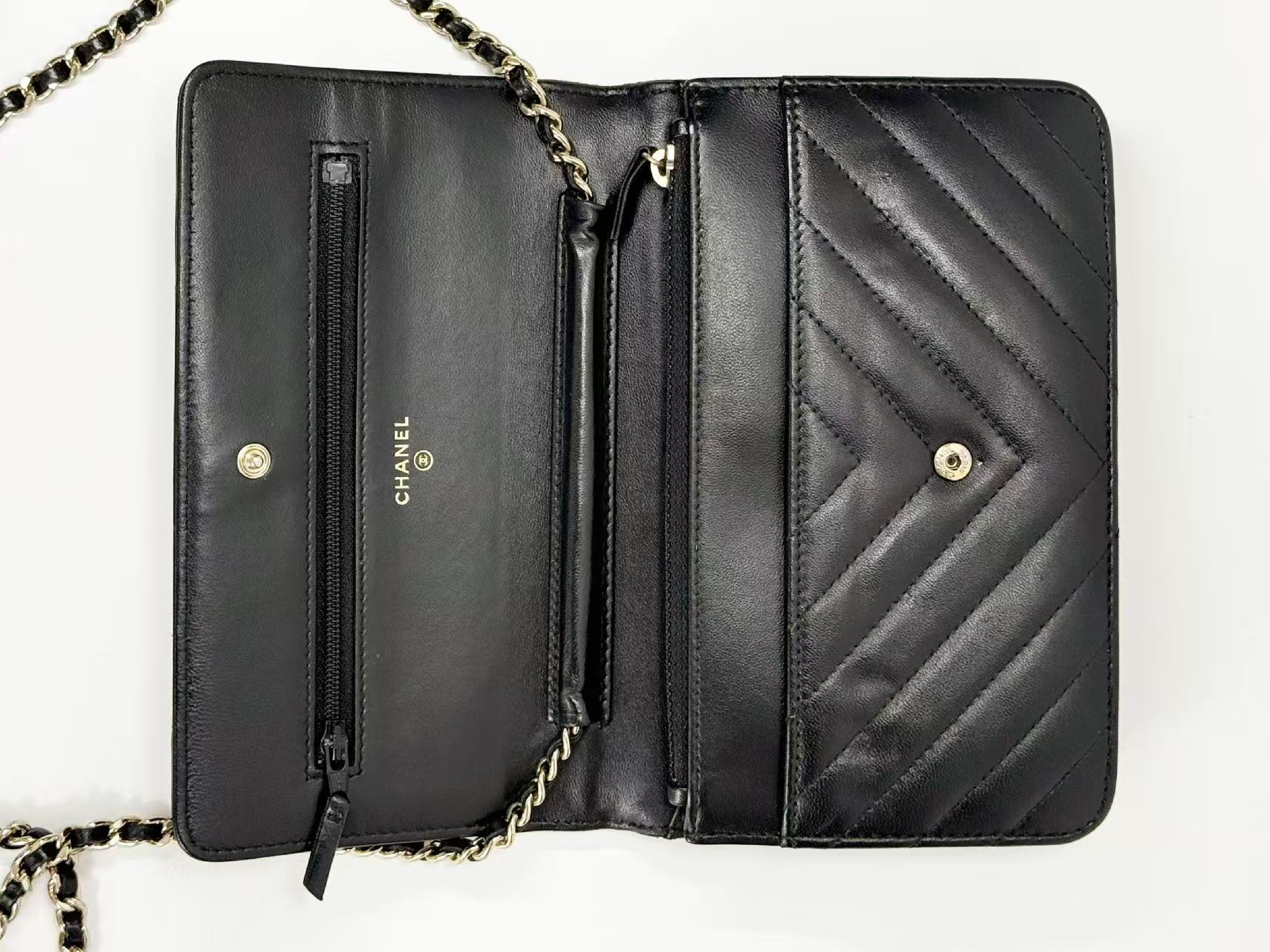 Black Chevron Shoulder Bag, WOC, Approx. 19cm W, Serial Number , Gold Hardware, with Dust Bag and Seal, 24816778, Rank B — view 13