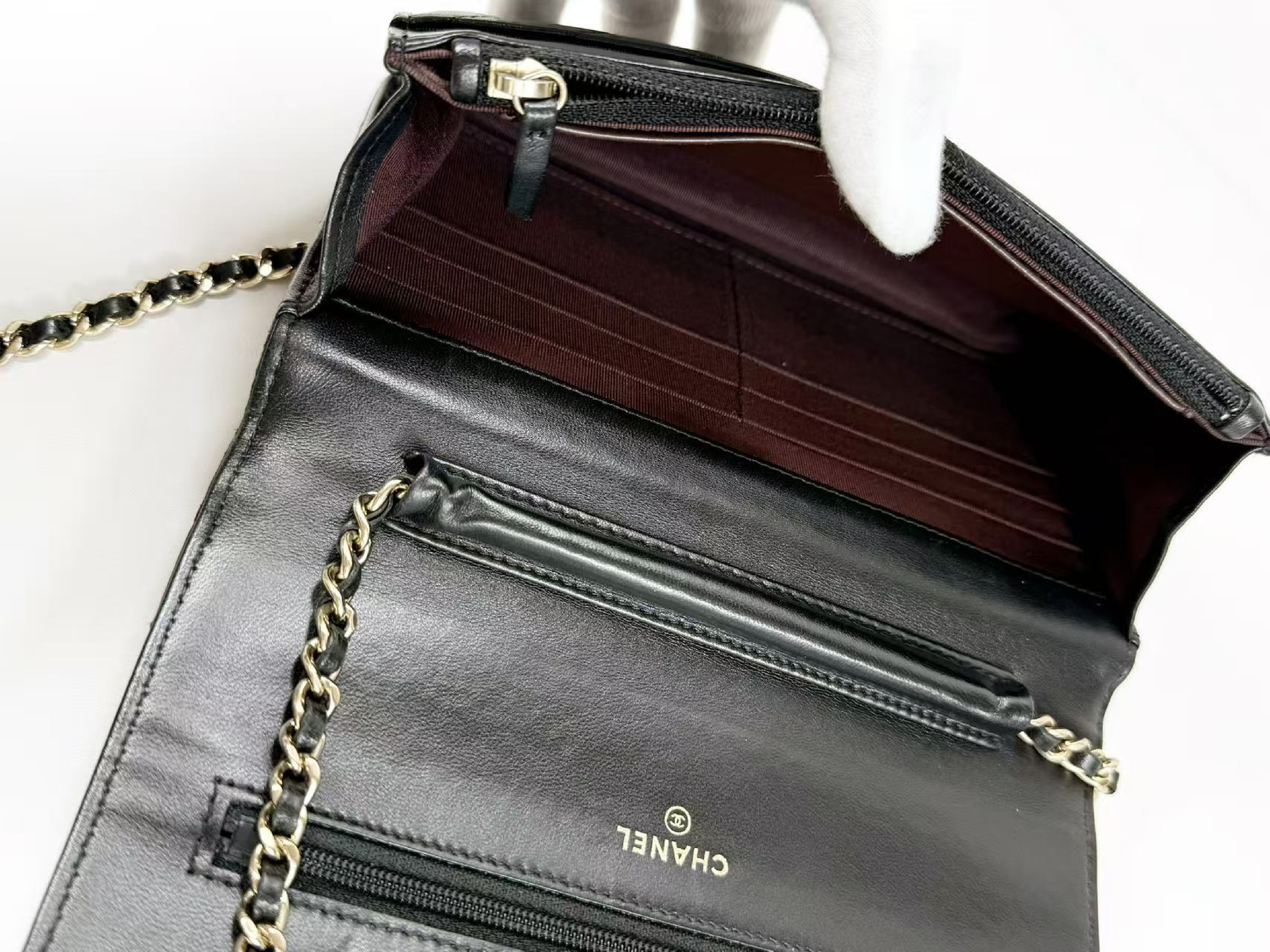 Black Chevron Shoulder Bag, WOC, Approx. 19cm W, Serial Number , Gold Hardware, with Dust Bag and Seal, 24816778, Rank B — view 14