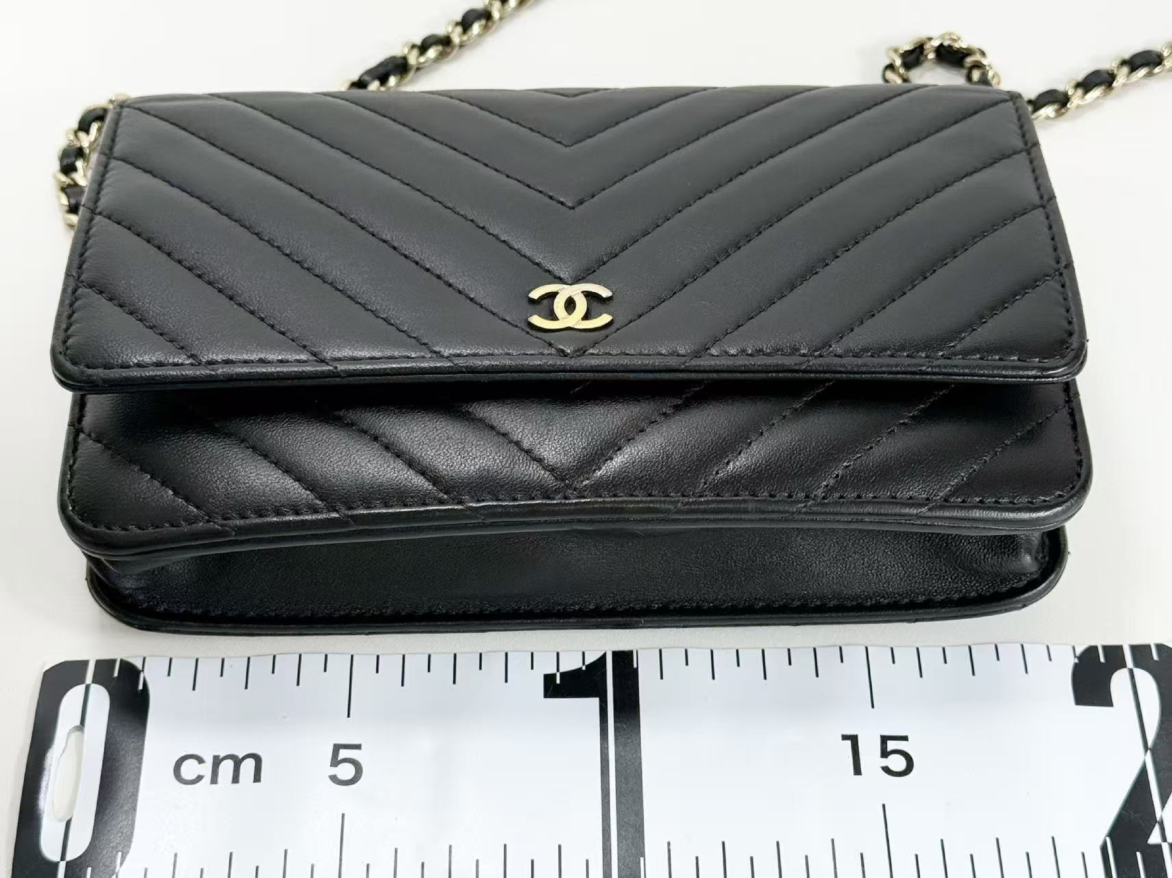Black Chevron Shoulder Bag, WOC, Approx. 19cm W, Serial Number , Gold Hardware, with Dust Bag and Seal, 24816778, Rank B — view 4