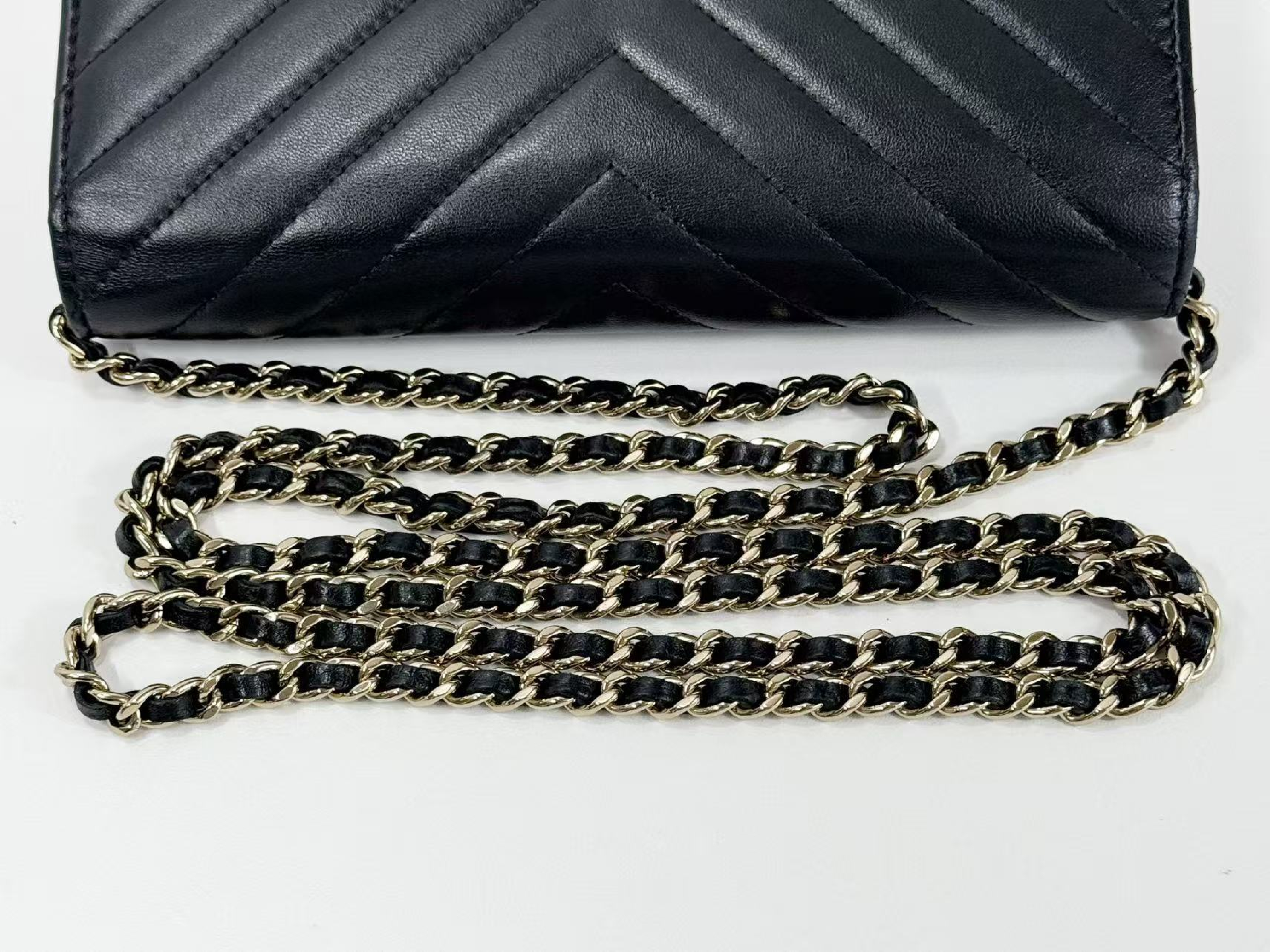 Black Chevron Shoulder Bag, WOC, Approx. 19cm W, Serial Number , Gold Hardware, with Dust Bag and Seal, 24816778, Rank B — view 8