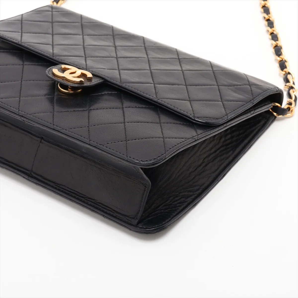 Matelassé Lambskin Chain Shoulder Bag, Push-Lock, Black with Gold Hardware — view 3