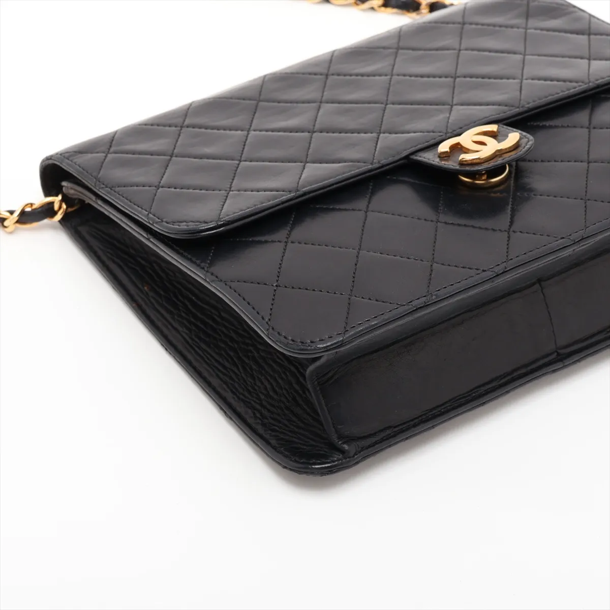 Matelassé Lambskin Chain Shoulder Bag, Push-Lock, Black with Gold Hardware — view 4