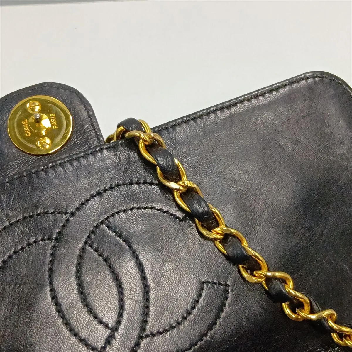 Matelassé Lambskin Chain Shoulder Bag, Push-Lock, Black with Gold Hardware — view 9