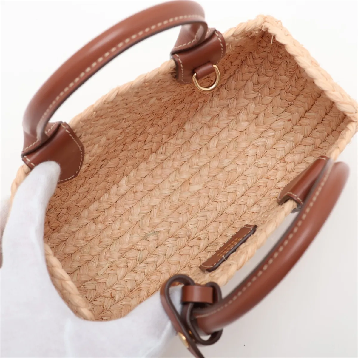 Raffia x Leather 2-Way Handbag, Beige — view 8