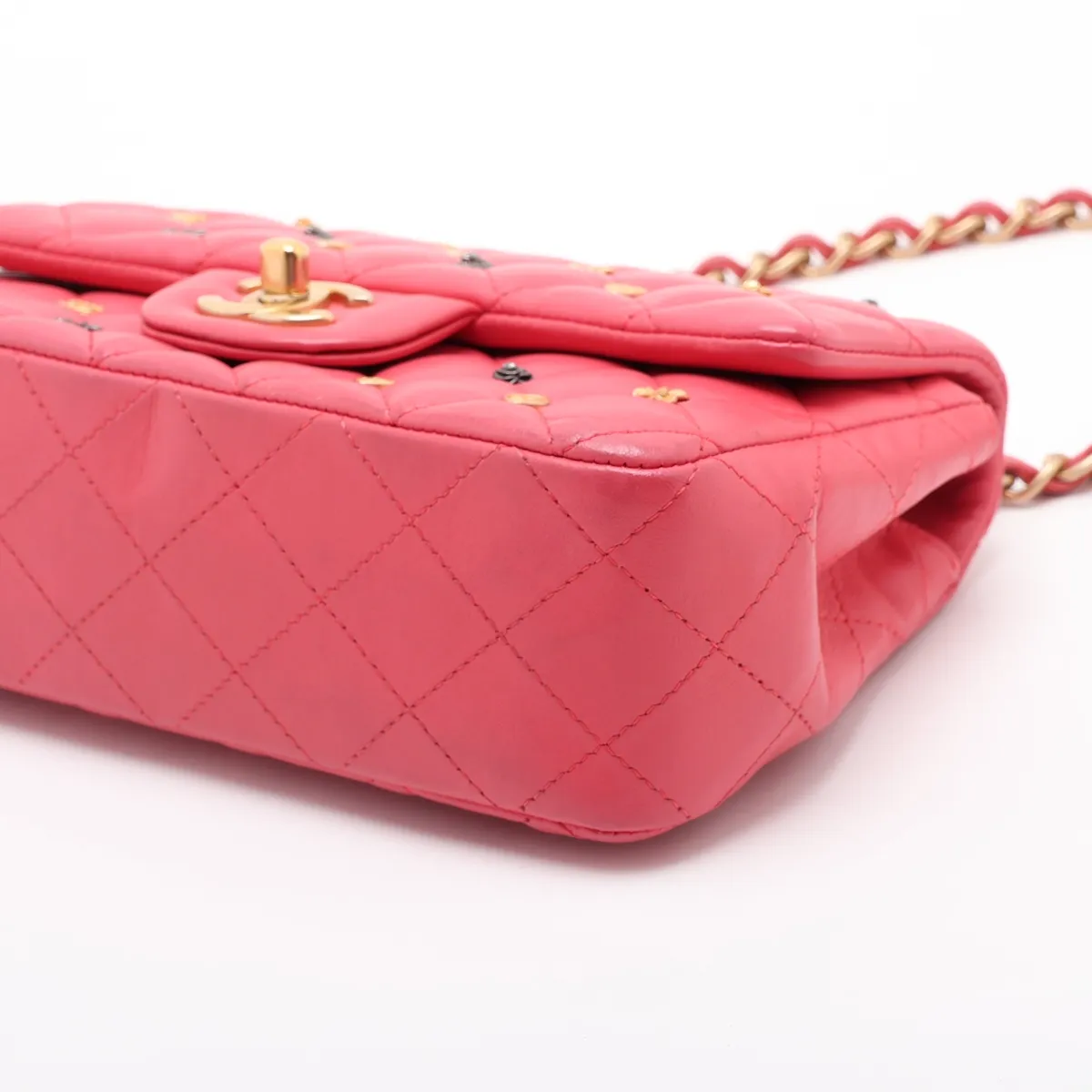 Mini Matelassé 20 Lambskin Single Flap Single Chain Bag with Lucky Charm, Pink with Gold Hardware, 26806948, Serial Number 26 — view 3