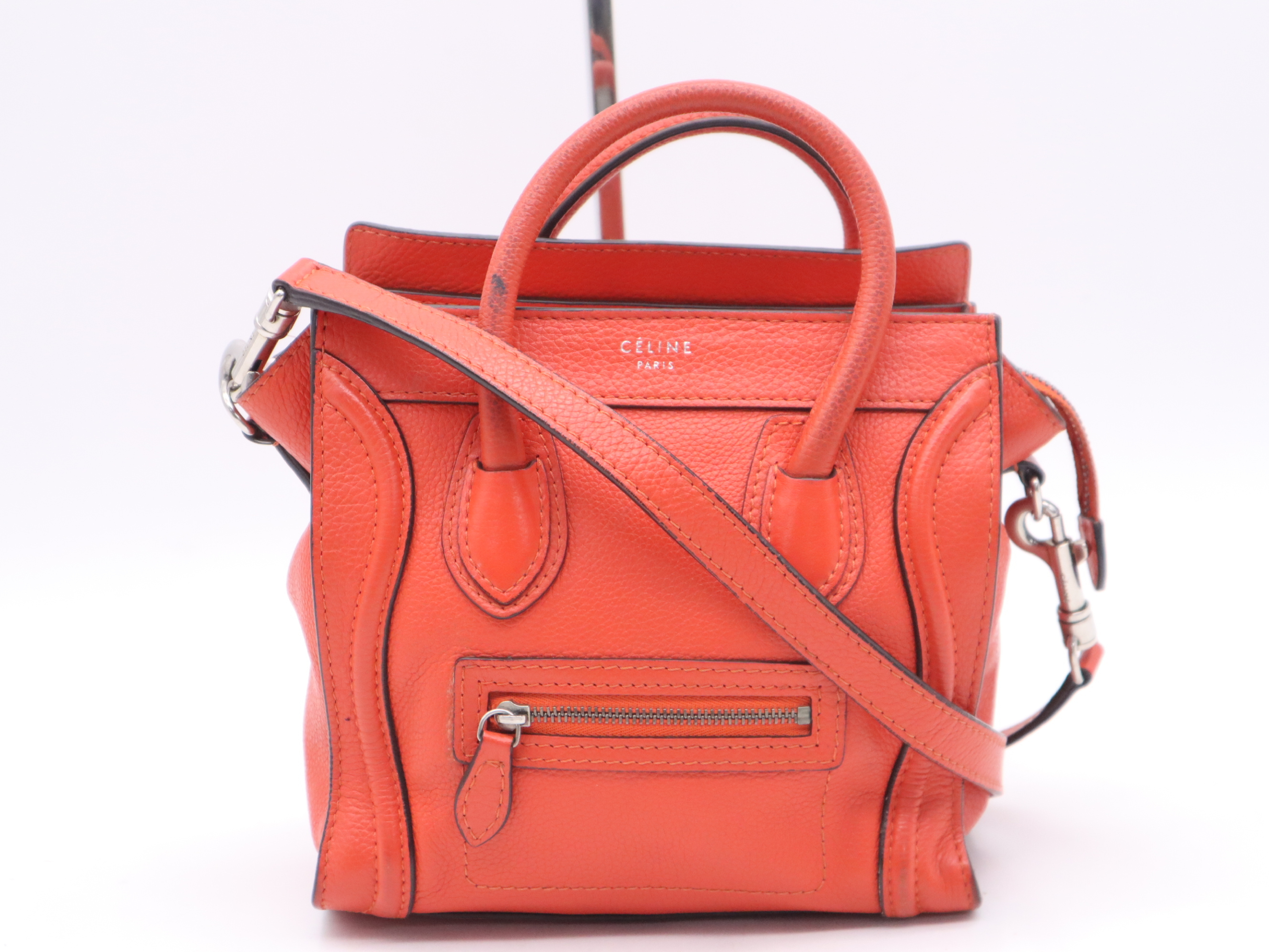 Leather Luggage Nano Shopper Handbag, Orange, Silver Hardware, with Shoulder Strap
