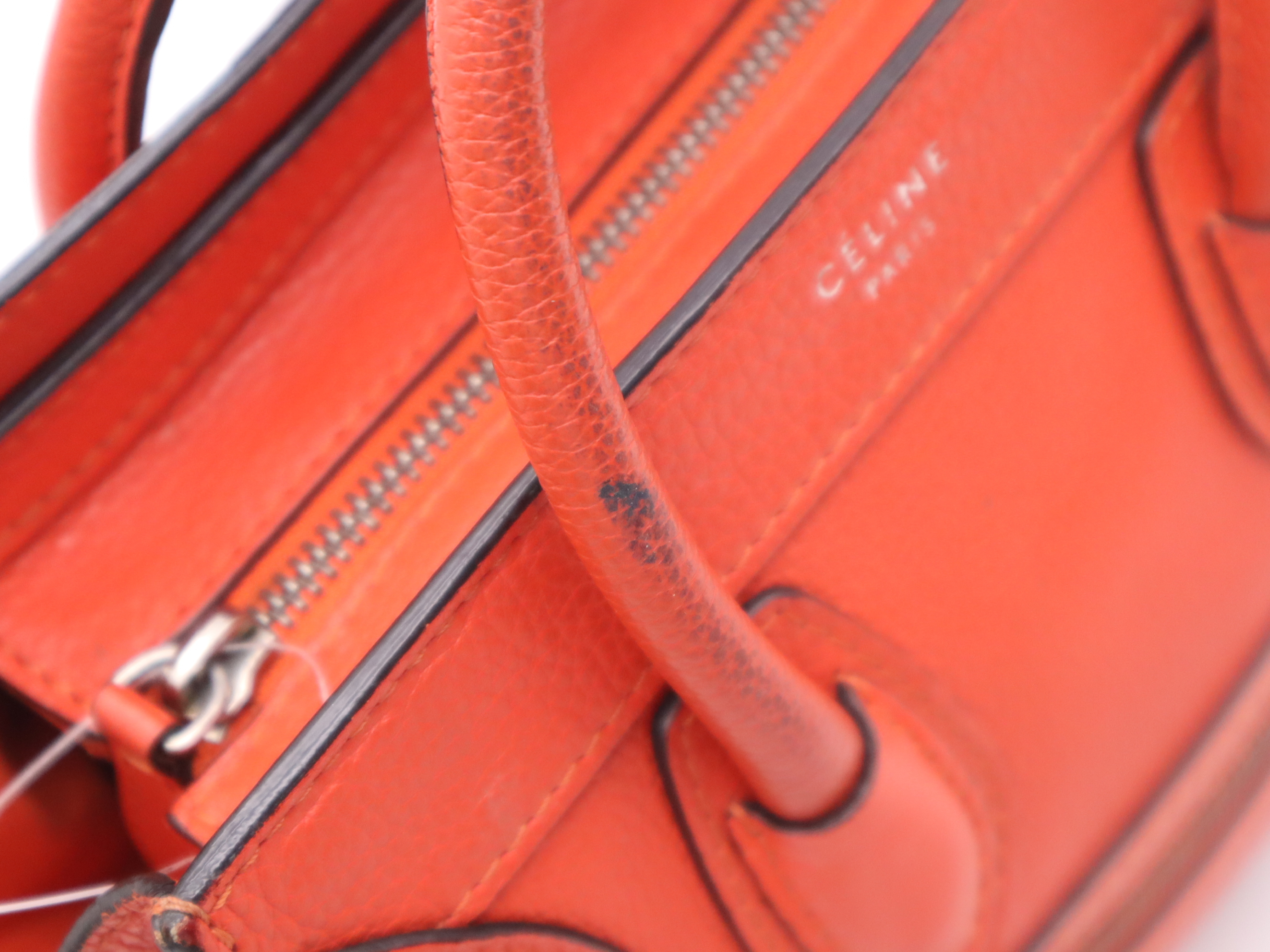 Leather Luggage Nano Shopper Handbag, Orange, Silver Hardware, with Shoulder Strap — view 9
