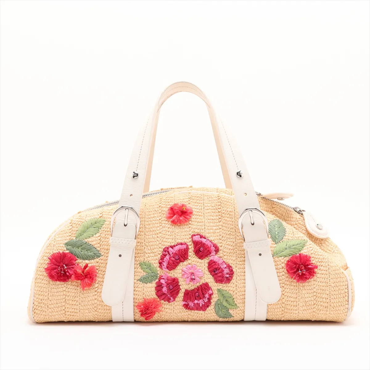 raffia and leather handbag, beige and white.