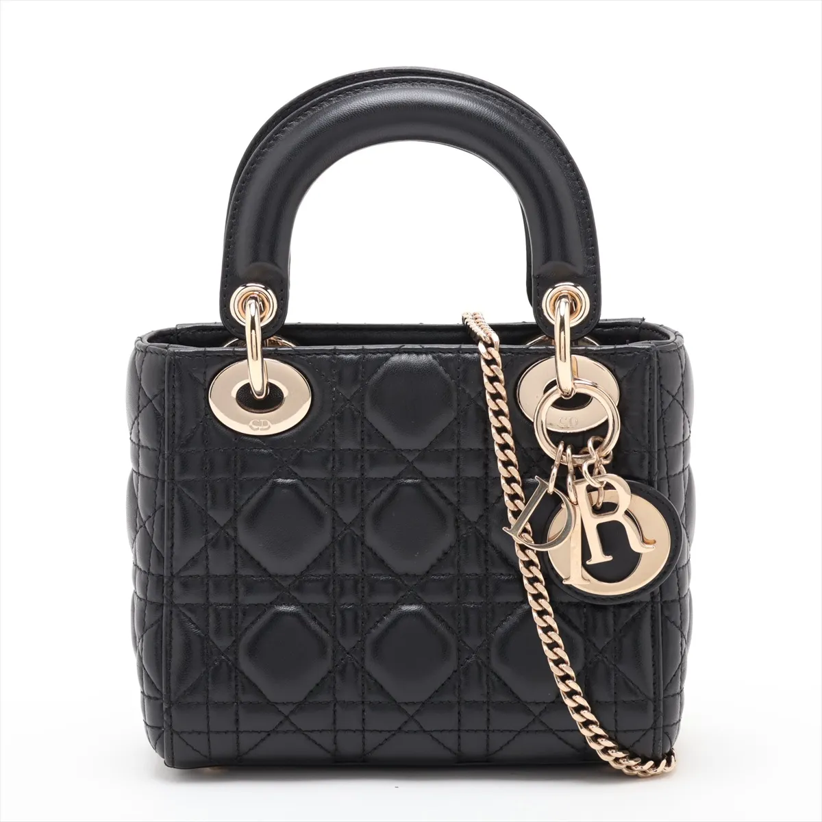 Cannage Lady Dior Mini Leather 2-Way Handbag, Black