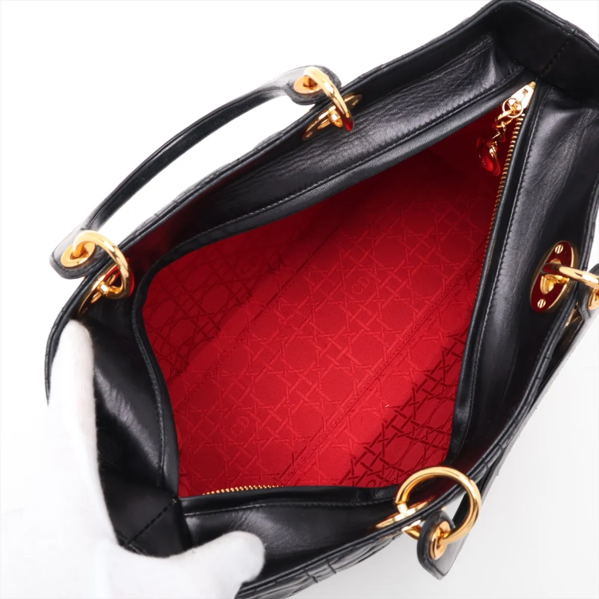 Lady Dior Cannage Leather Handbag, Black — view 7