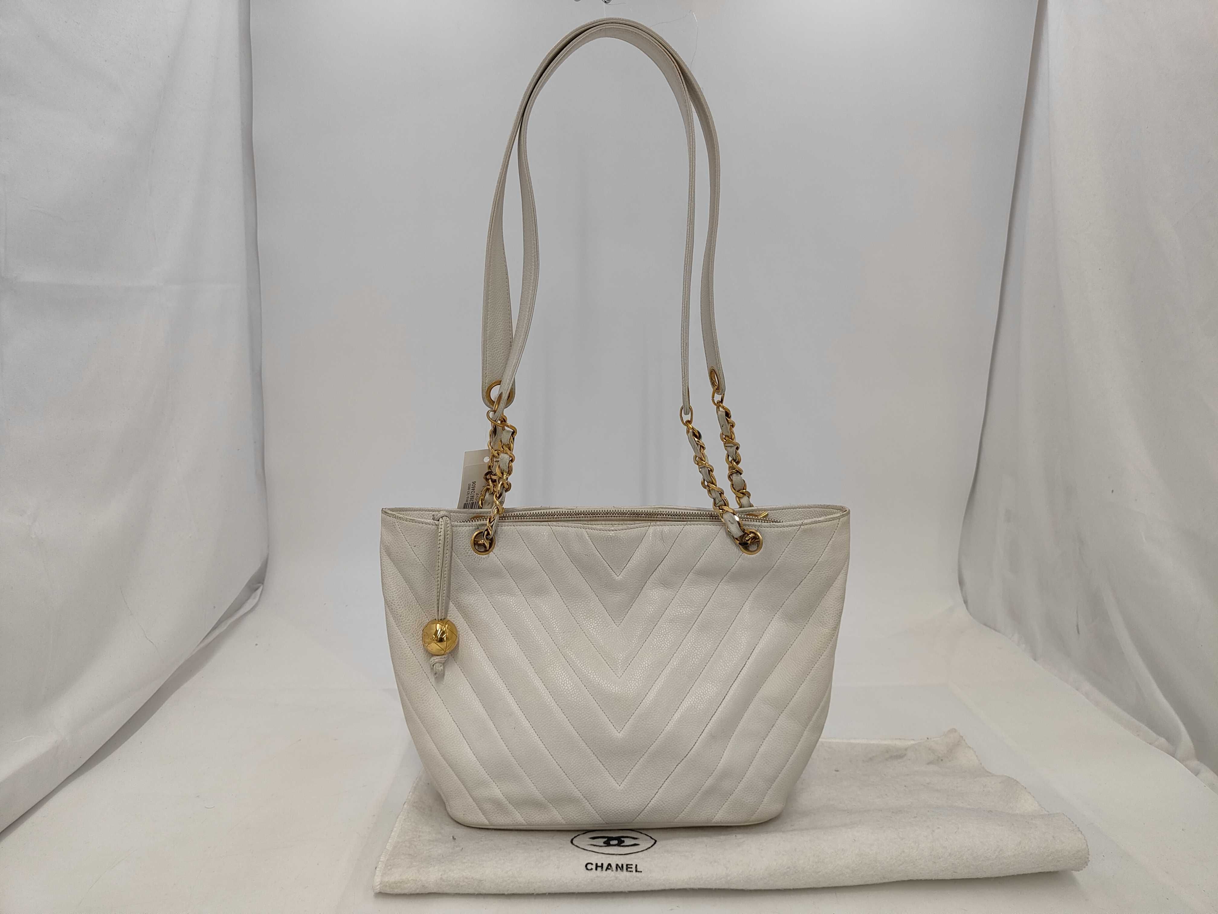 Caviar Skin V-Stitch Ball Charm Chain Tote Shoulder Bag