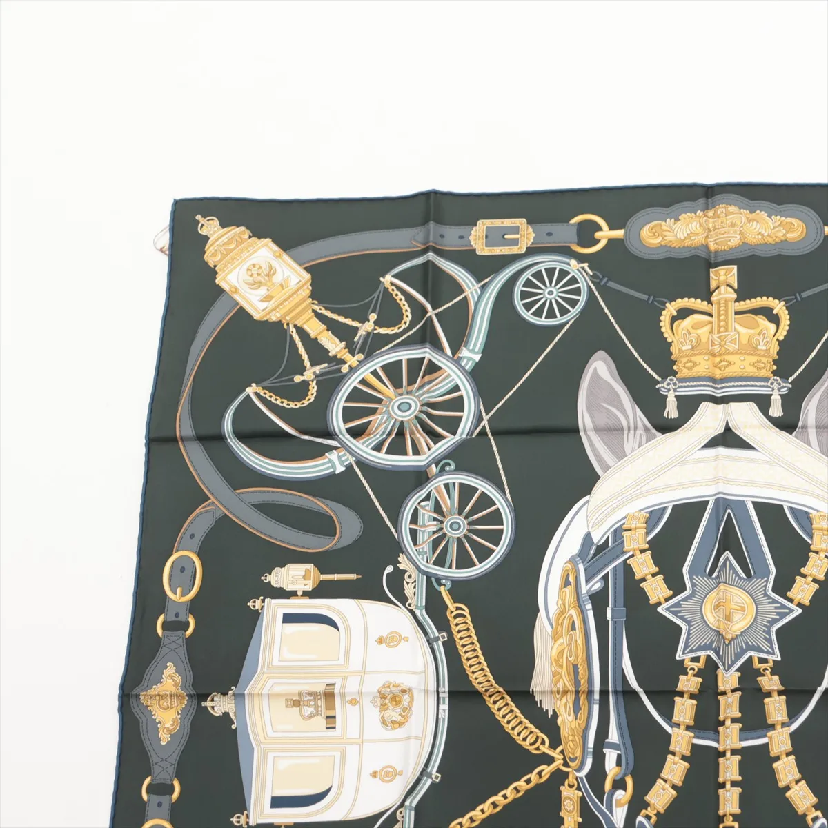 Carre 90 Stately Wheels scarf, silk, green. Slight wear and — view 2