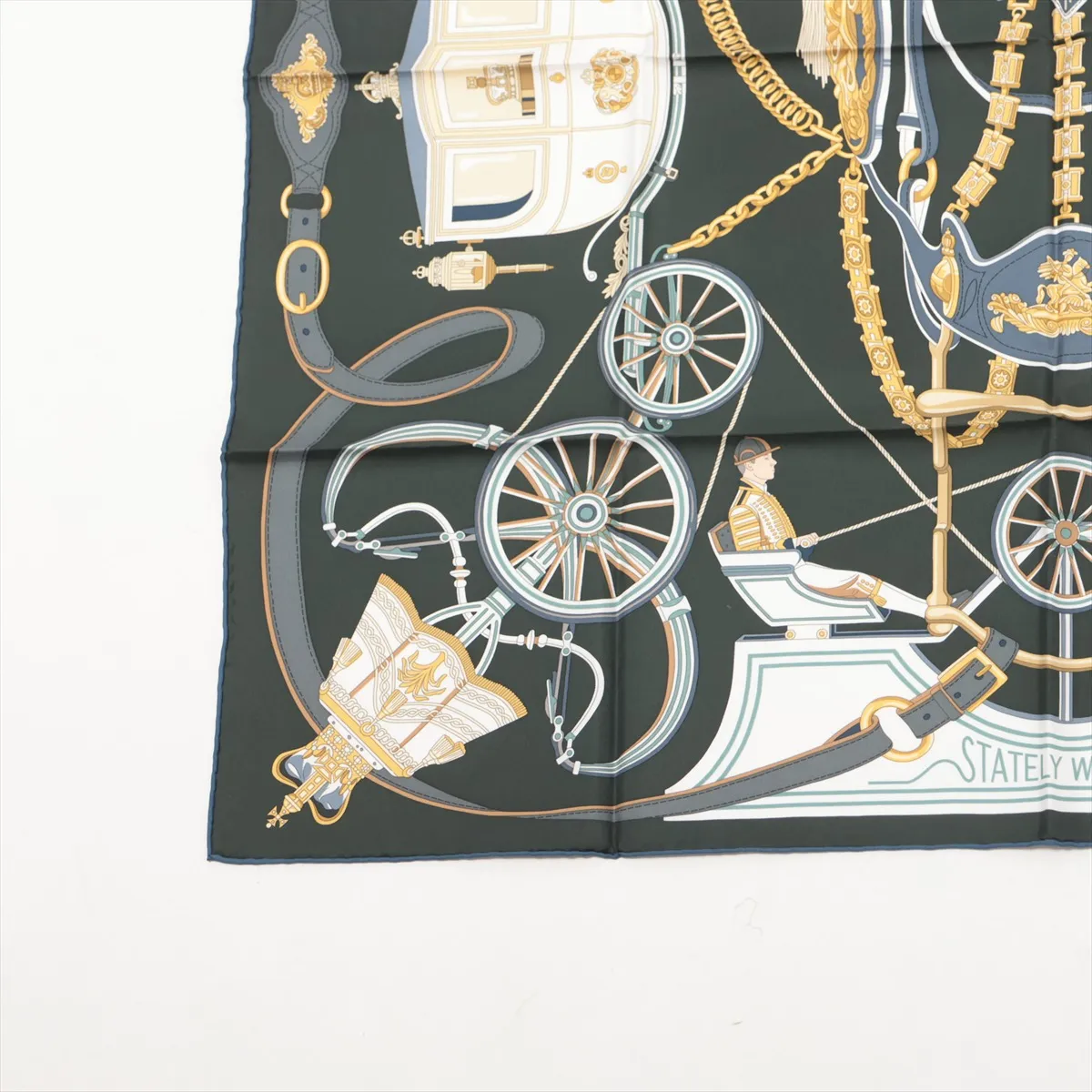 Carre 90 Stately Wheels scarf, silk, green. Slight wear and — view 5