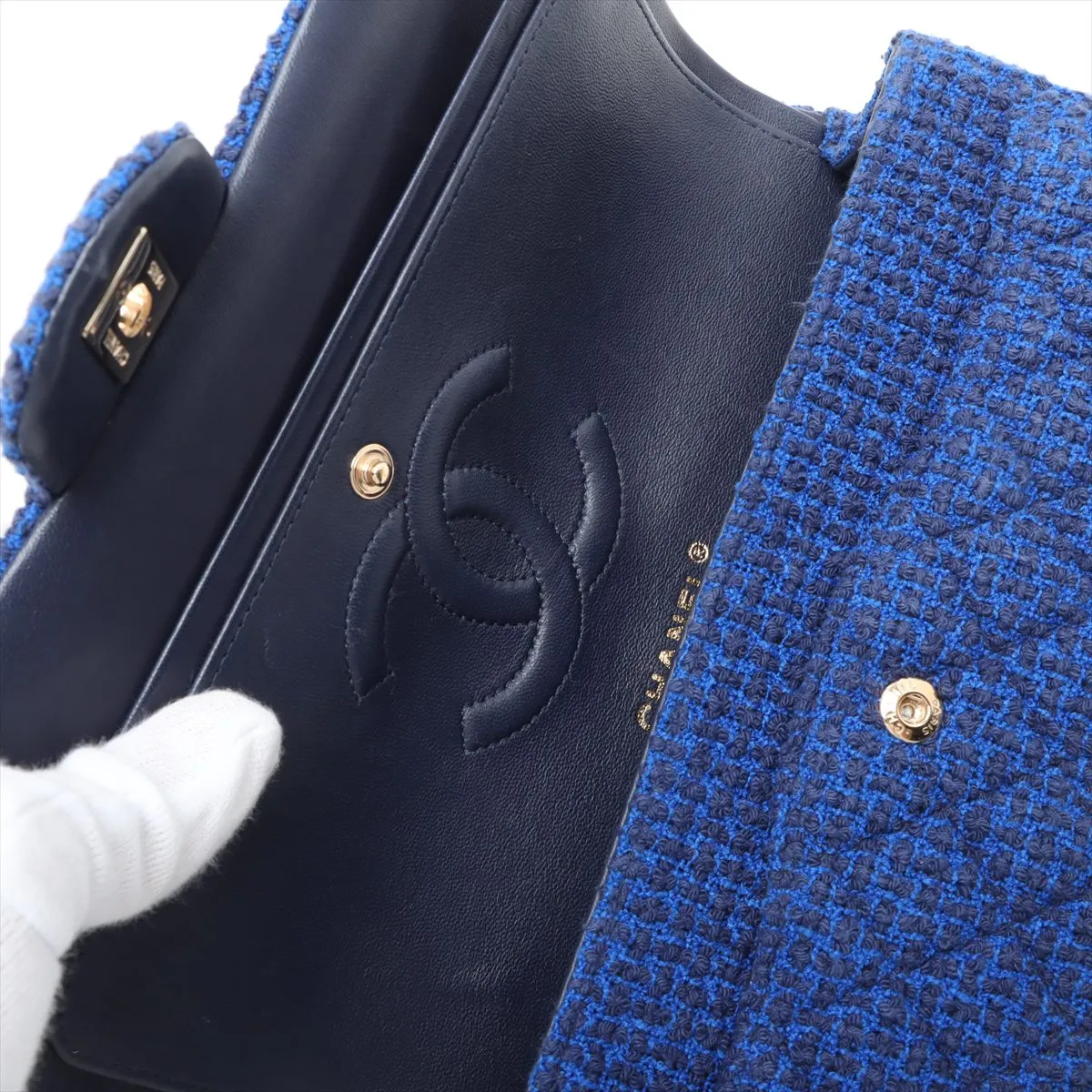 [Individually wrapped] Chanel Matelasse 25 Tweed x Lambskin Double flap Double chain bag Blue x Black Gold hardware 31225267 31 series A01112 — view 12