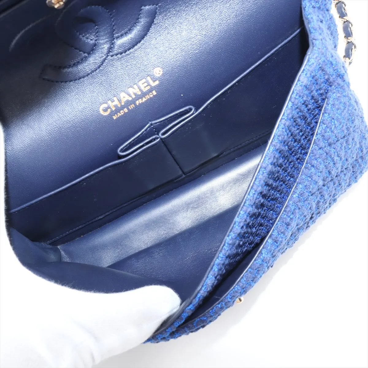[Individually wrapped] Chanel Matelasse 25 Tweed x Lambskin Double flap Double chain bag Blue x Black Gold hardware 31225267 31 series A01112 — view 6