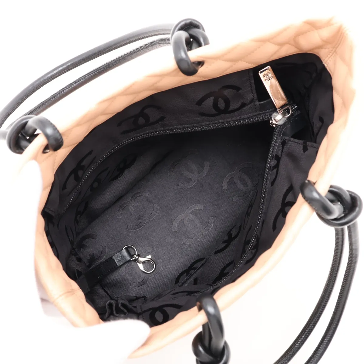 Cambon Line Lambskin Tote Bag, Beige x Black, Silver Hardware, 9317829, Series 9 — view 7