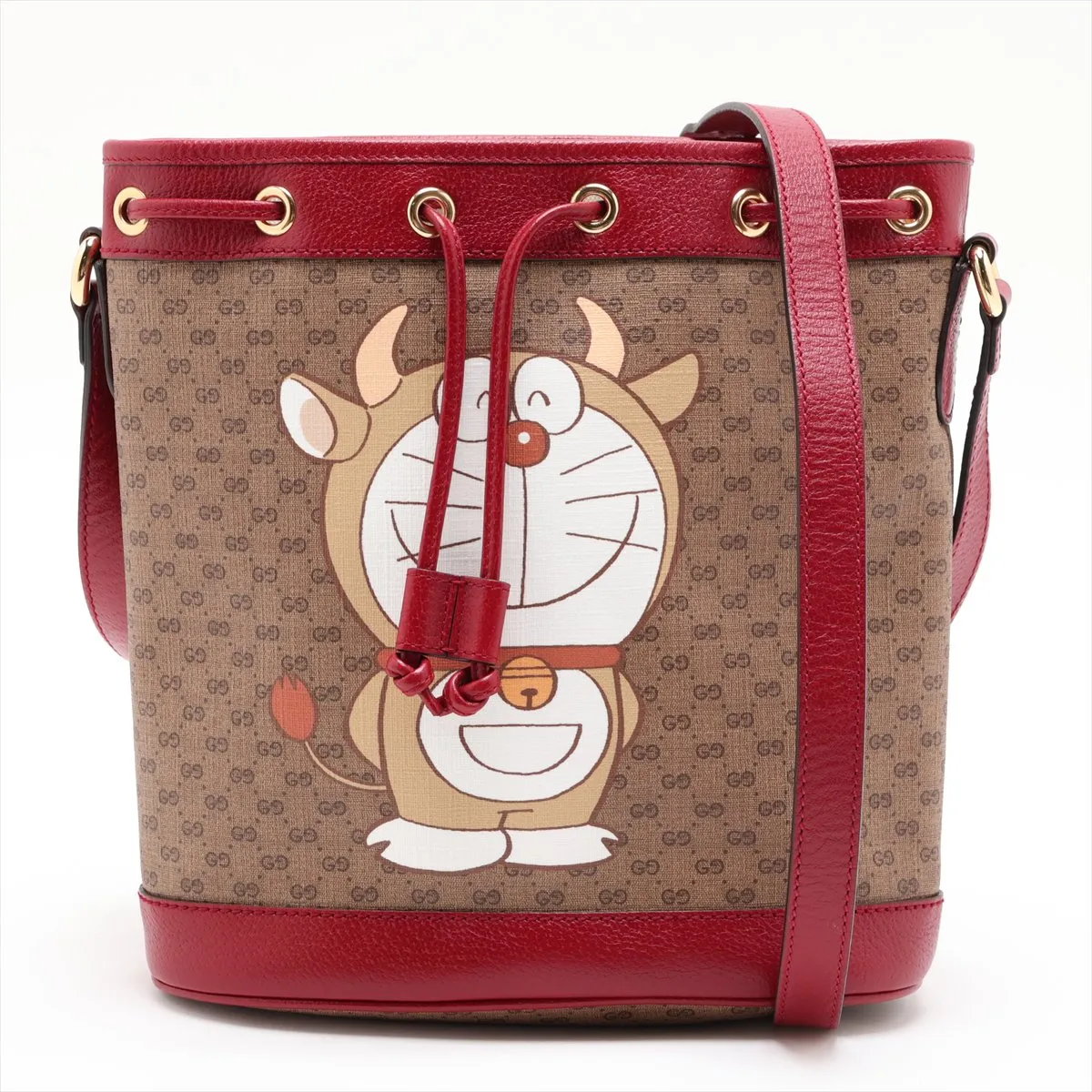 Doraemon x Gucci Mini GG Supreme 655597 PVC x Leather Shoulder Bag Brown x Red