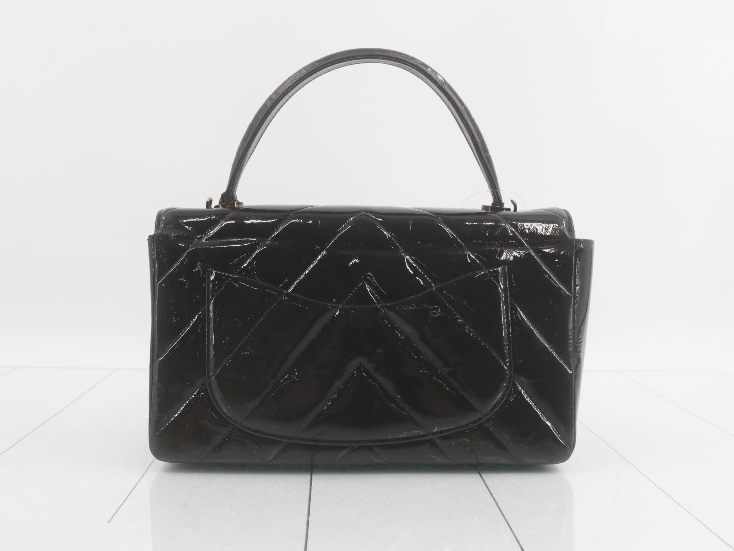 Chevron patent leather, V-stitch, black, gold hardware — view 2