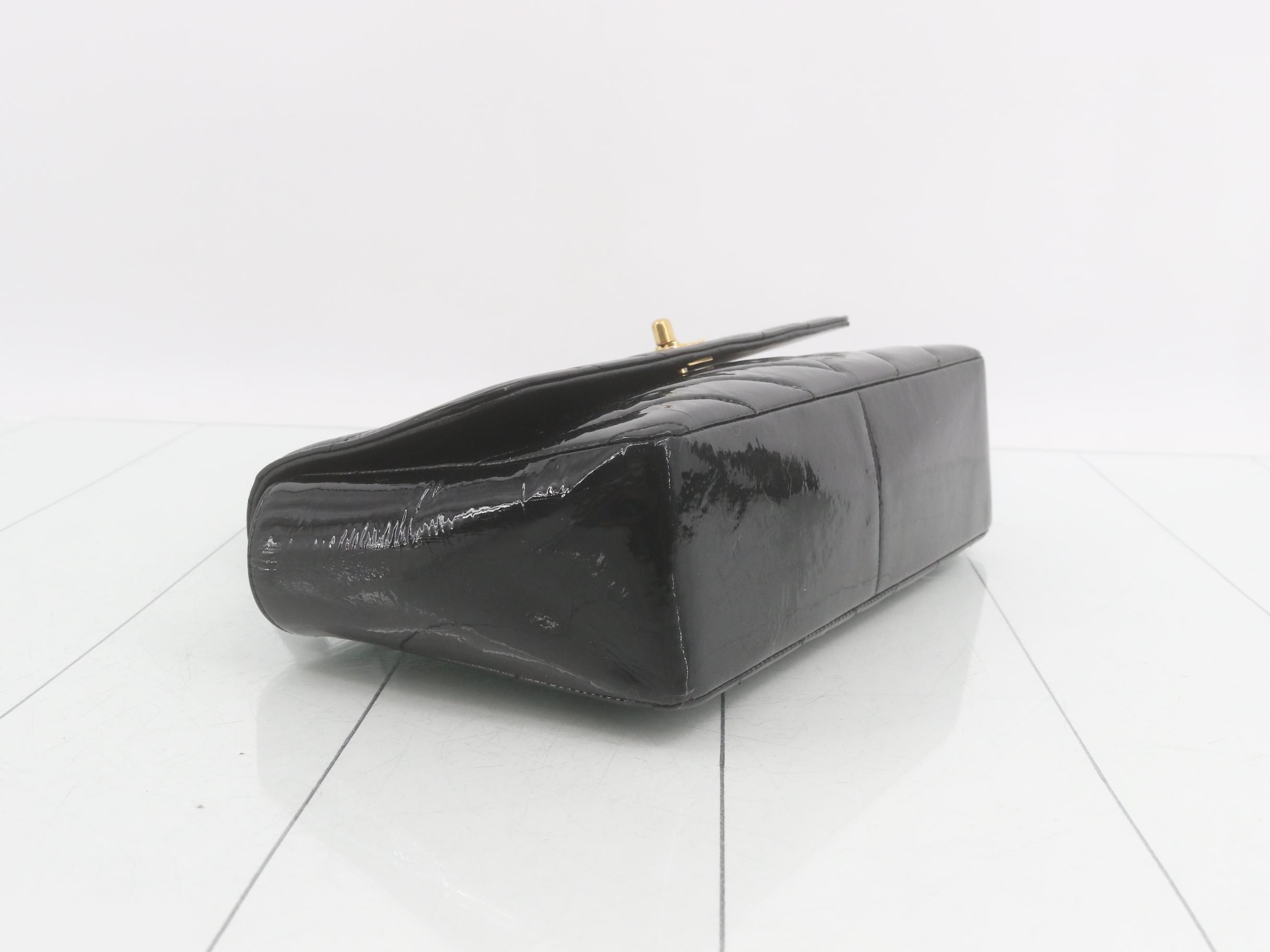 Chevron patent leather, V-stitch, black, gold hardware — view 5