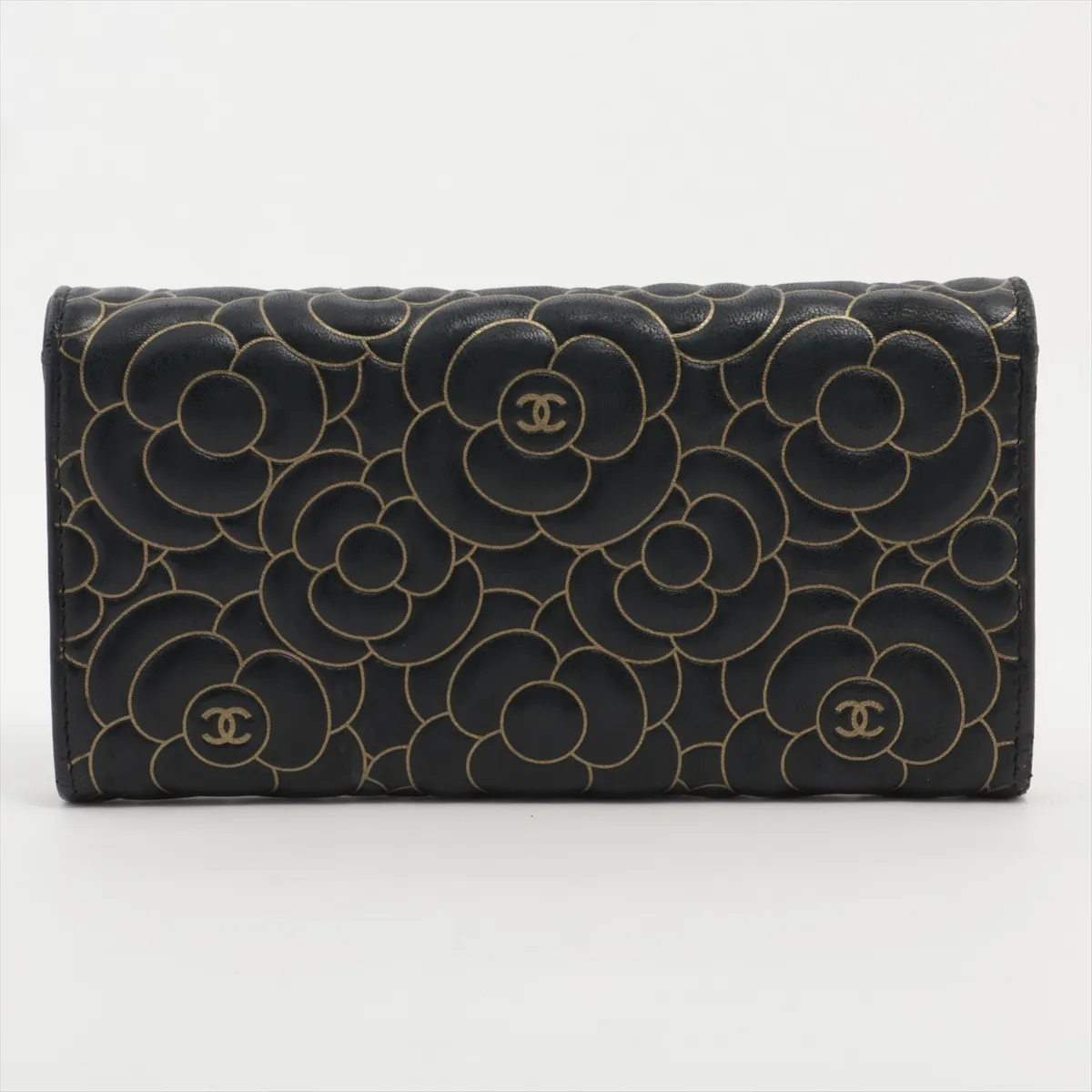 Camellia Lambskin Long Wallet, Black with Gold Hardware, 21563124 — view 2