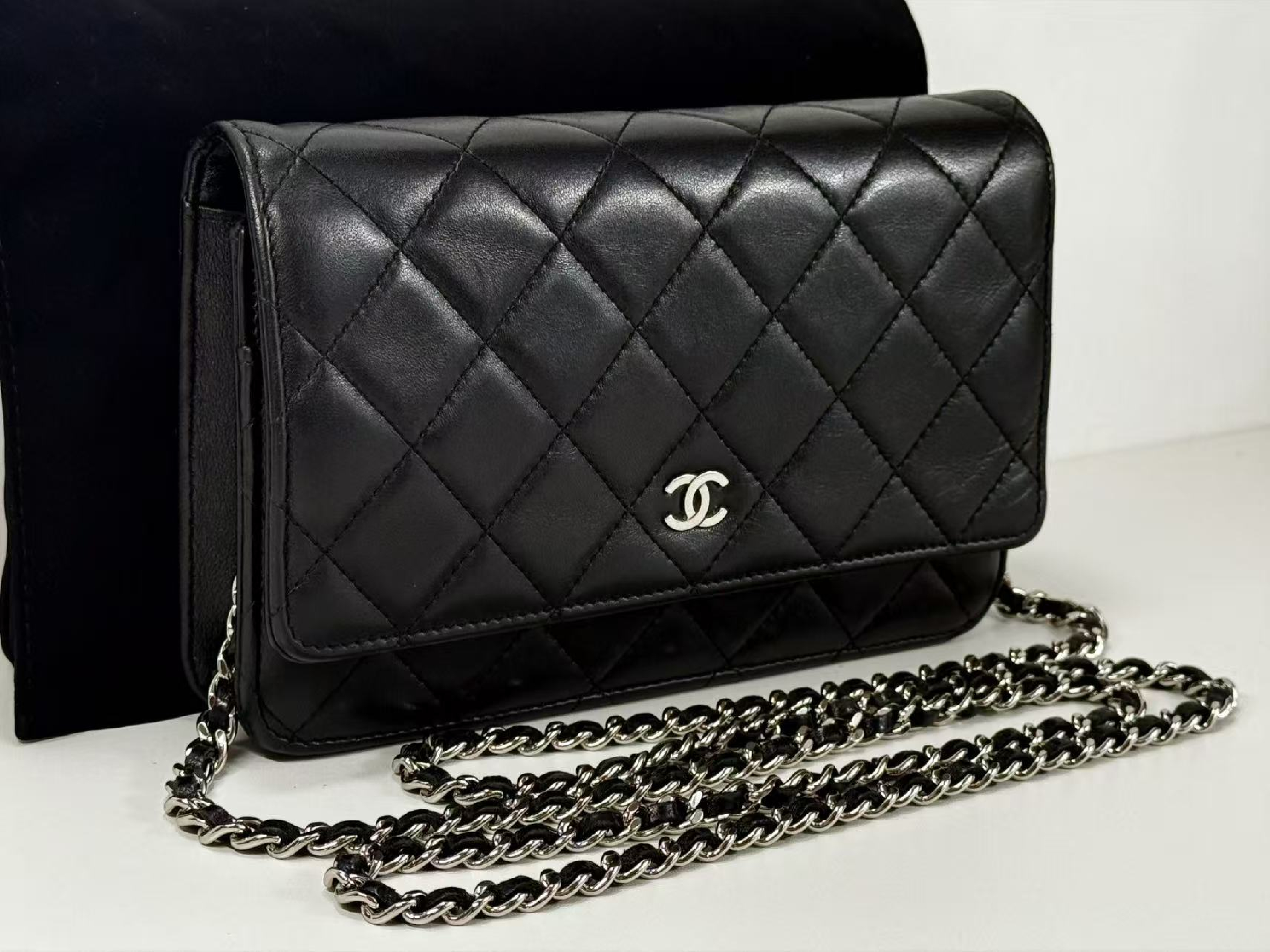 Black Matelassé Lambskin Shoulder Bag, WOC, Approx. 19cm W, Serial Number 19-series, with Dust Bag and Seal, Silver Hardware, Item Number 19807708 — view 2