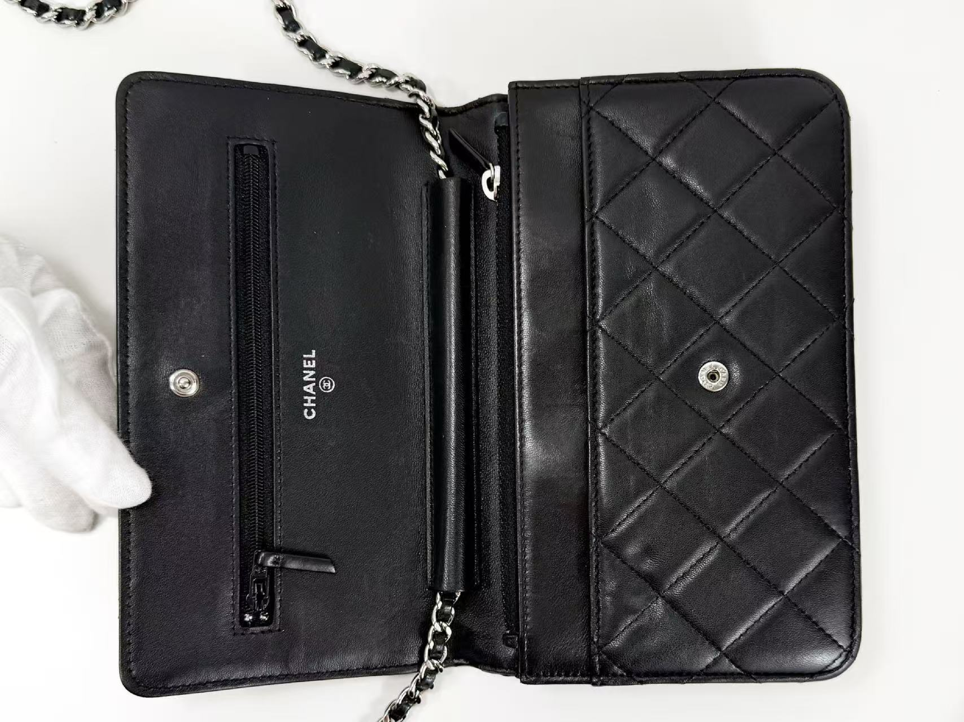 Black Matelassé Lambskin Shoulder Bag, WOC, Approx. 19cm W, Serial Number 19-series, with Dust Bag and Seal, Silver Hardware, Item Number 19807708 — view 14