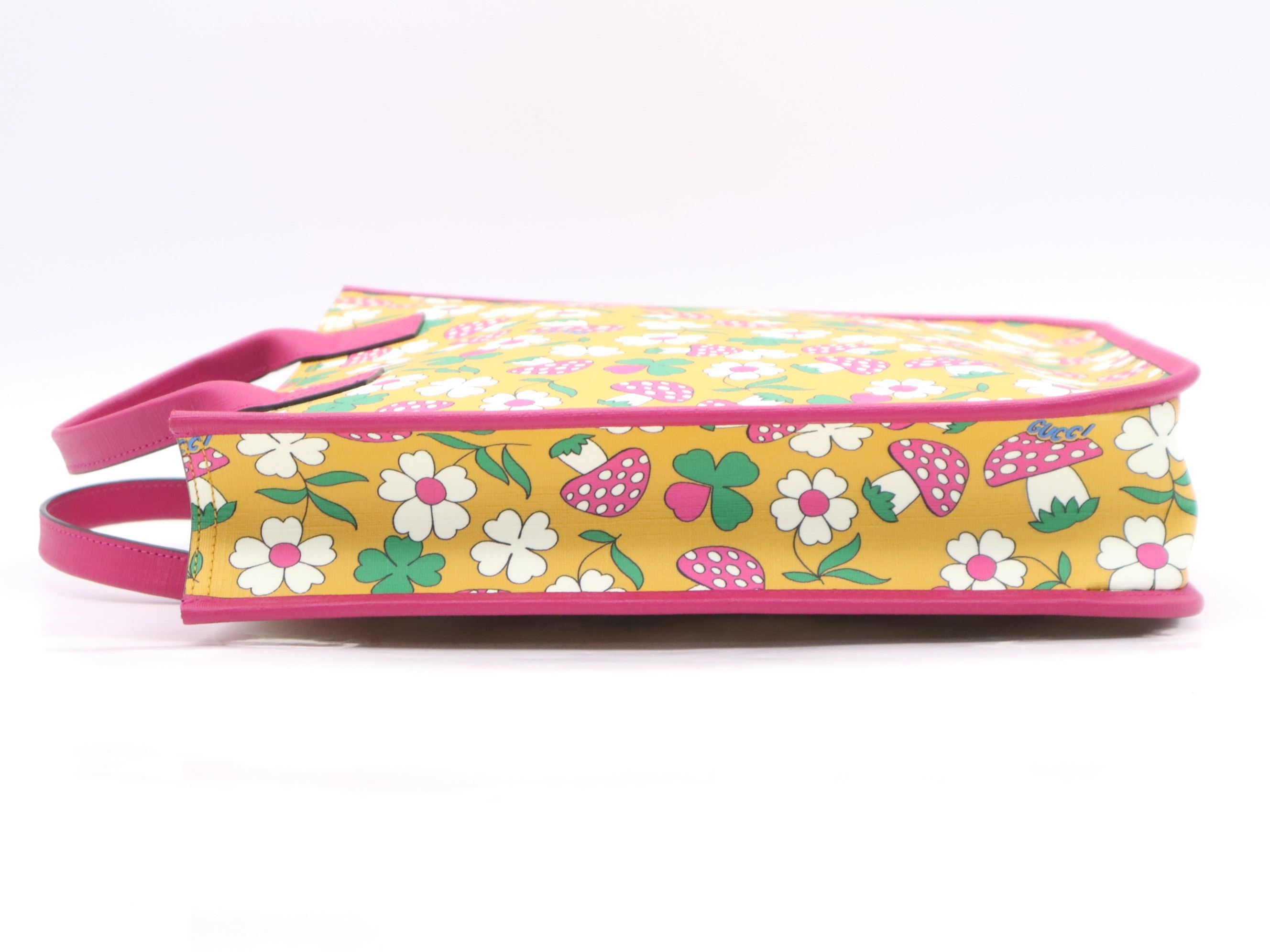 Children's handbag, pink and yellow, floral and mushroom pattern, with dust bag. — view 3