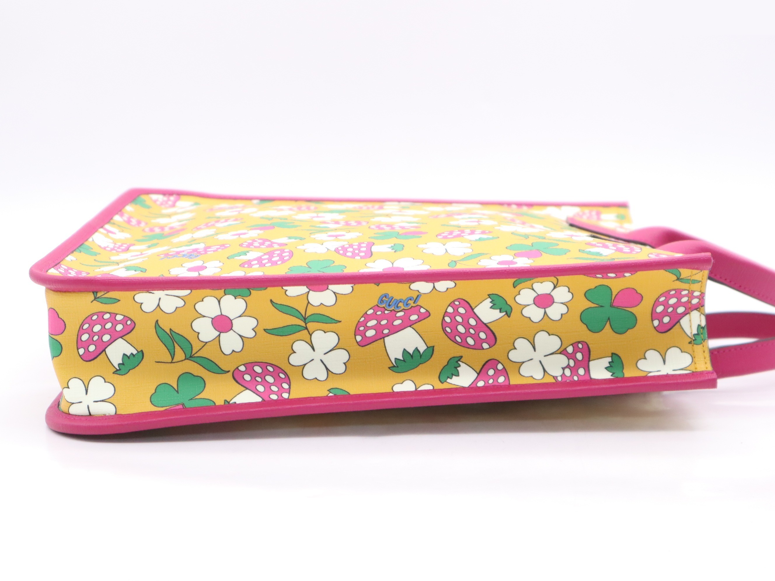 Children's handbag, pink and yellow, floral and mushroom pattern, with dust bag. — view 5